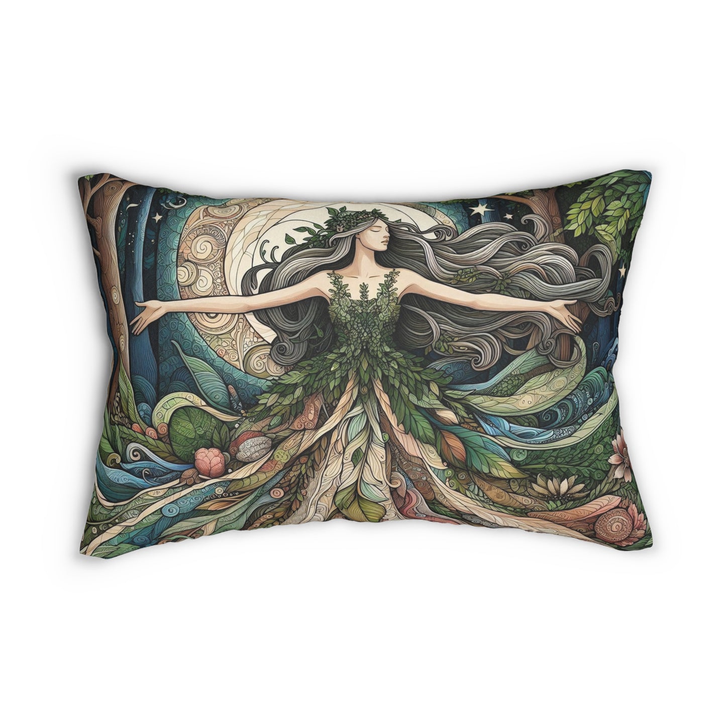 Forest Goddess Lumbar Pillow, Nature Spirit Cushion, Dark Fairytale Home Decor, Mystical Earth Mother Throw Pillow 20x14