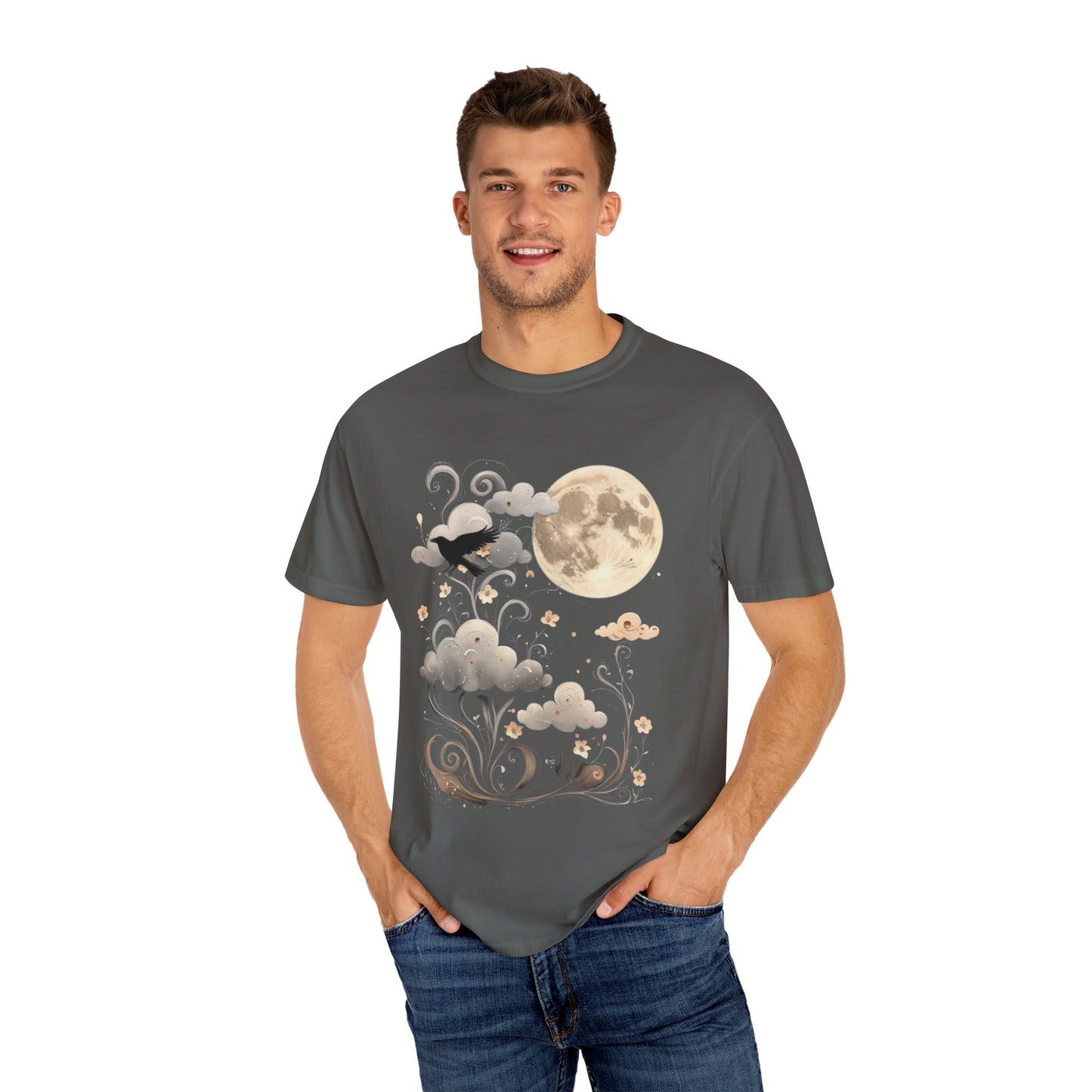 Moonlit Crow Comfort Colors T-Shirt, Halloween Mystical Raven Shirt, Dark Nature Art Tee, Cloud and Moon Graphic, Soft Cotton Witchy T-Shirt