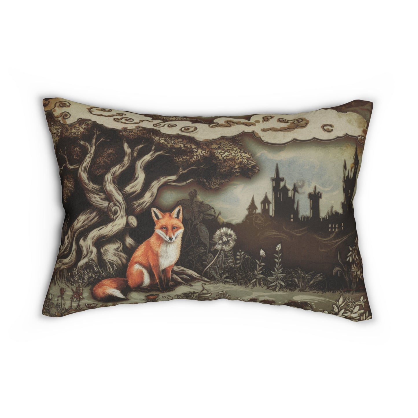 Fox Lumbar Pillow, Dark Fairytale Woodland Cushion, Gothic Castle Home Decor, Mystical Animal Throw Pillow 20x14