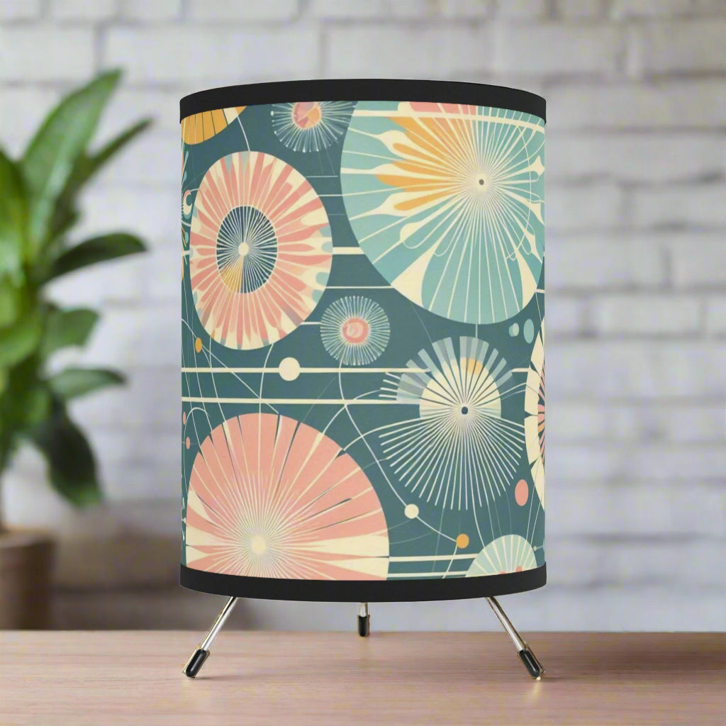 Tripod Table Lamp - Retro Dandelions Over Dark Teal