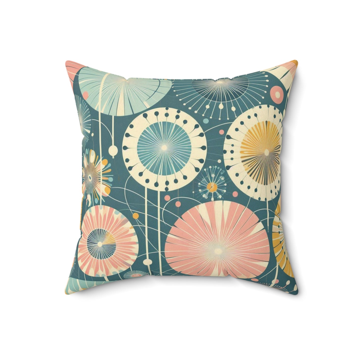 Faux Suede Pillow - Whimsical Abstract Dandelions, Deep Teal with Peach and Yellow Accents