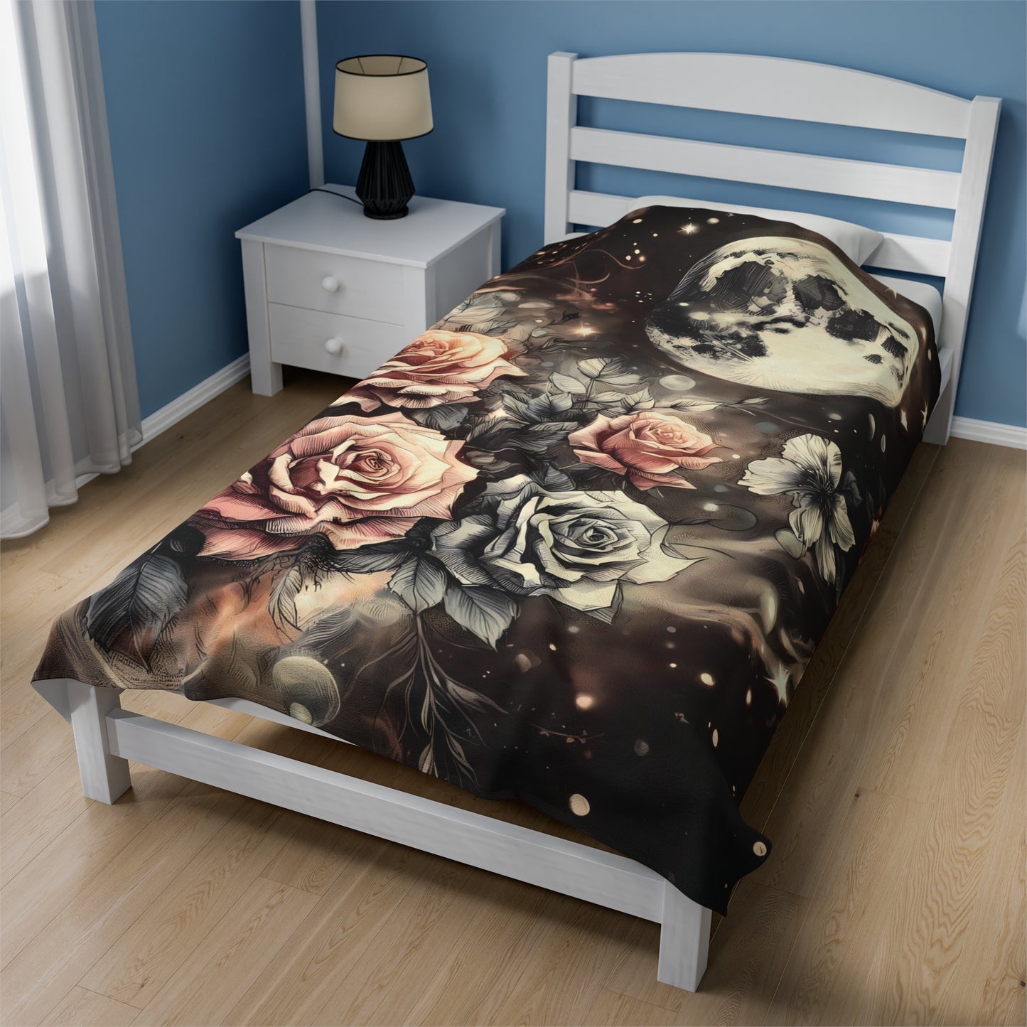 Velveteen Plush Blanket - Vintage Rose Garden Celestial Moon Print