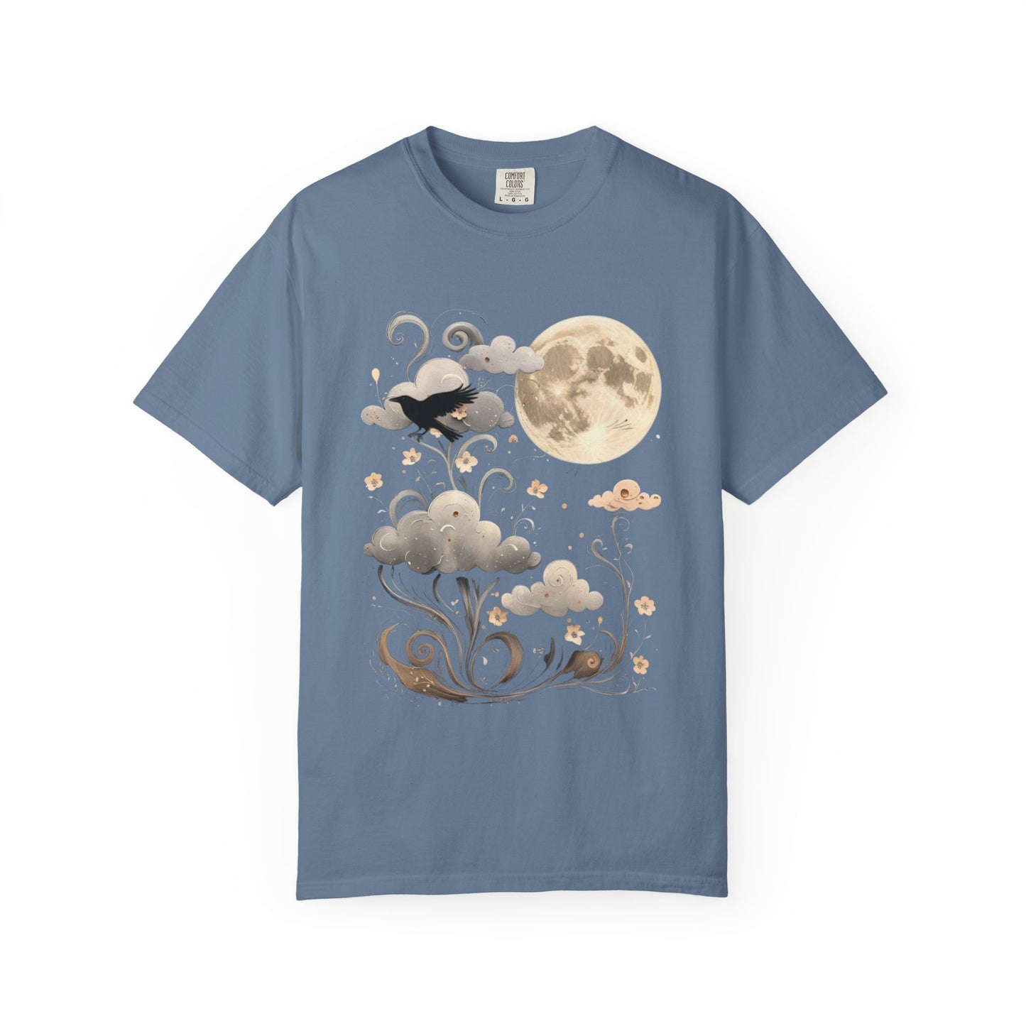 Moonlit Crow Comfort Colors T-Shirt, Halloween Mystical Raven Shirt, Dark Nature Art Tee, Cloud and Moon Graphic, Soft Cotton Witchy T-Shirt