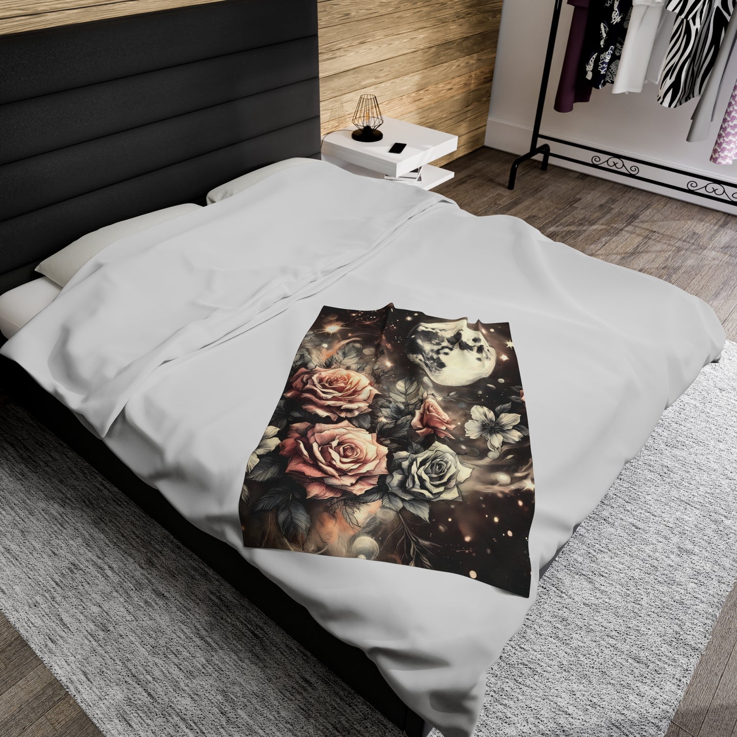 Velveteen Plush Blanket - Vintage Rose Garden Celestial Moon Print