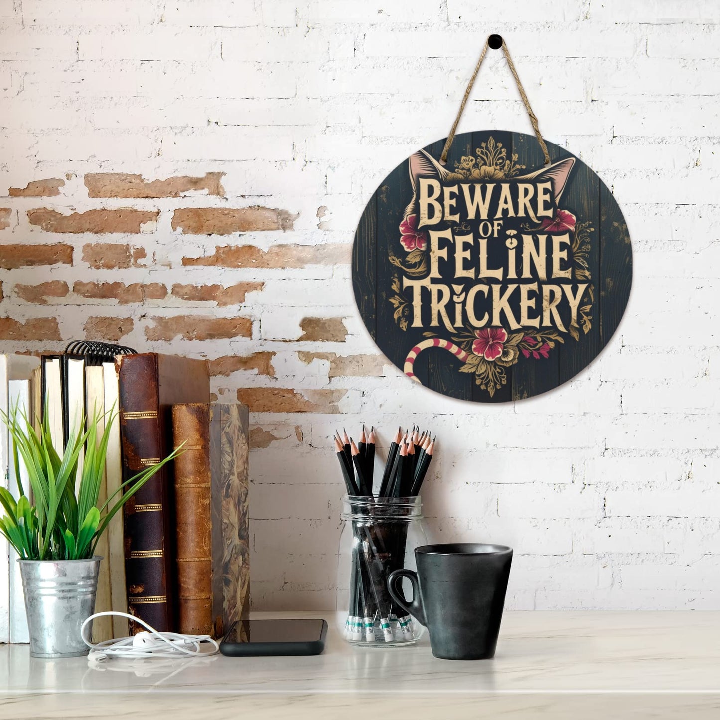 Beware of Feline Trickery Round Wooden Sign | Cat Lover Wall Decor