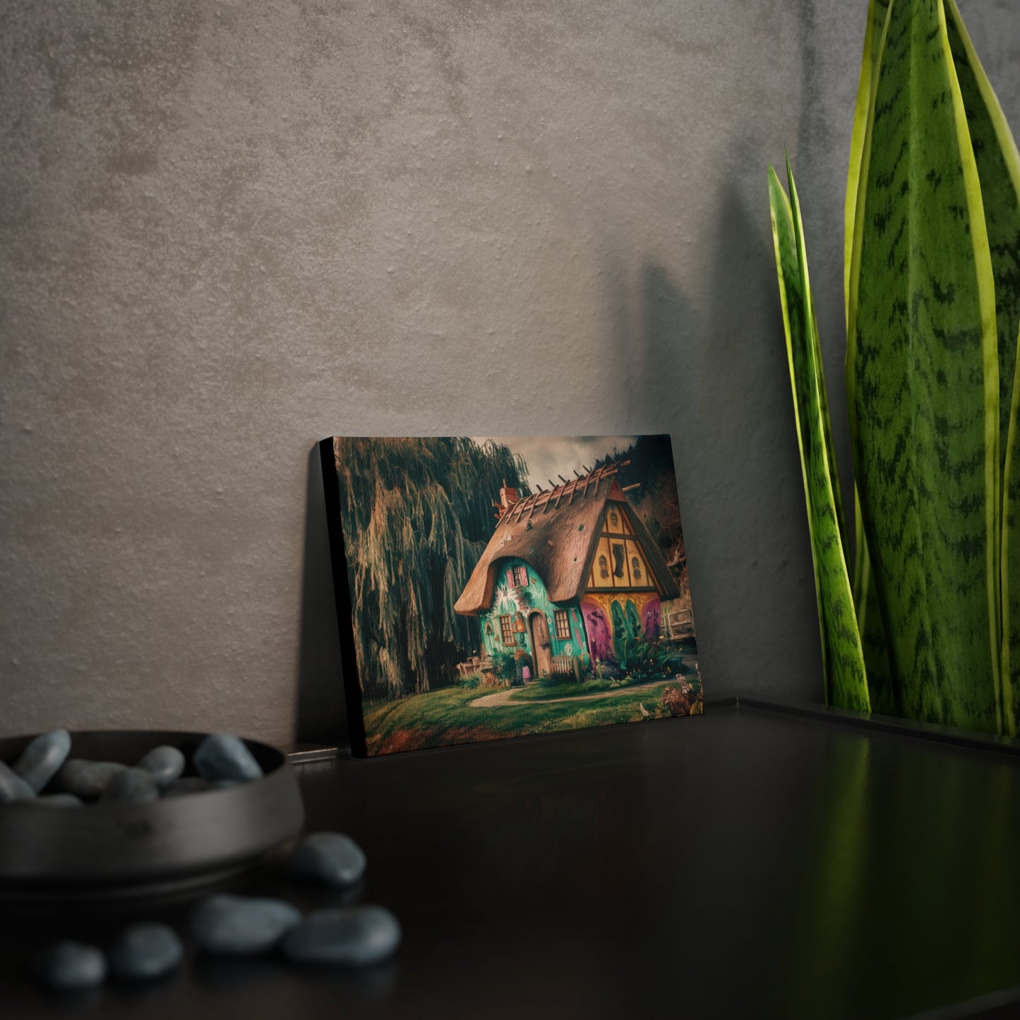 Mini Art for Wall or Shelf, Canvas Sticky Tile - 7x5" Colorful Witchy Cottage with Weeping Willow in the Wilderness