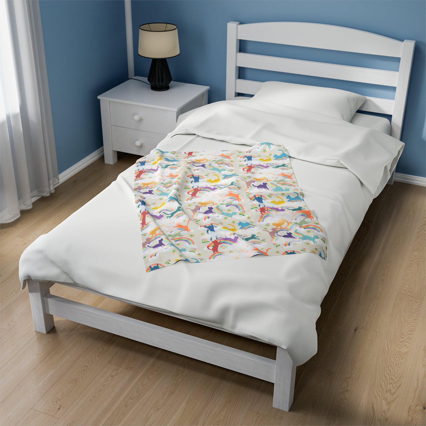 Velveteen Plush Blanket - Kitties Playing in Rainbows and Clouds