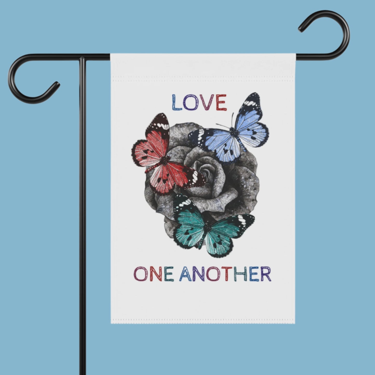 Yard Flag / Garden Banner - Summer or Spring "Love One Another" Message with Rose and Butterflies