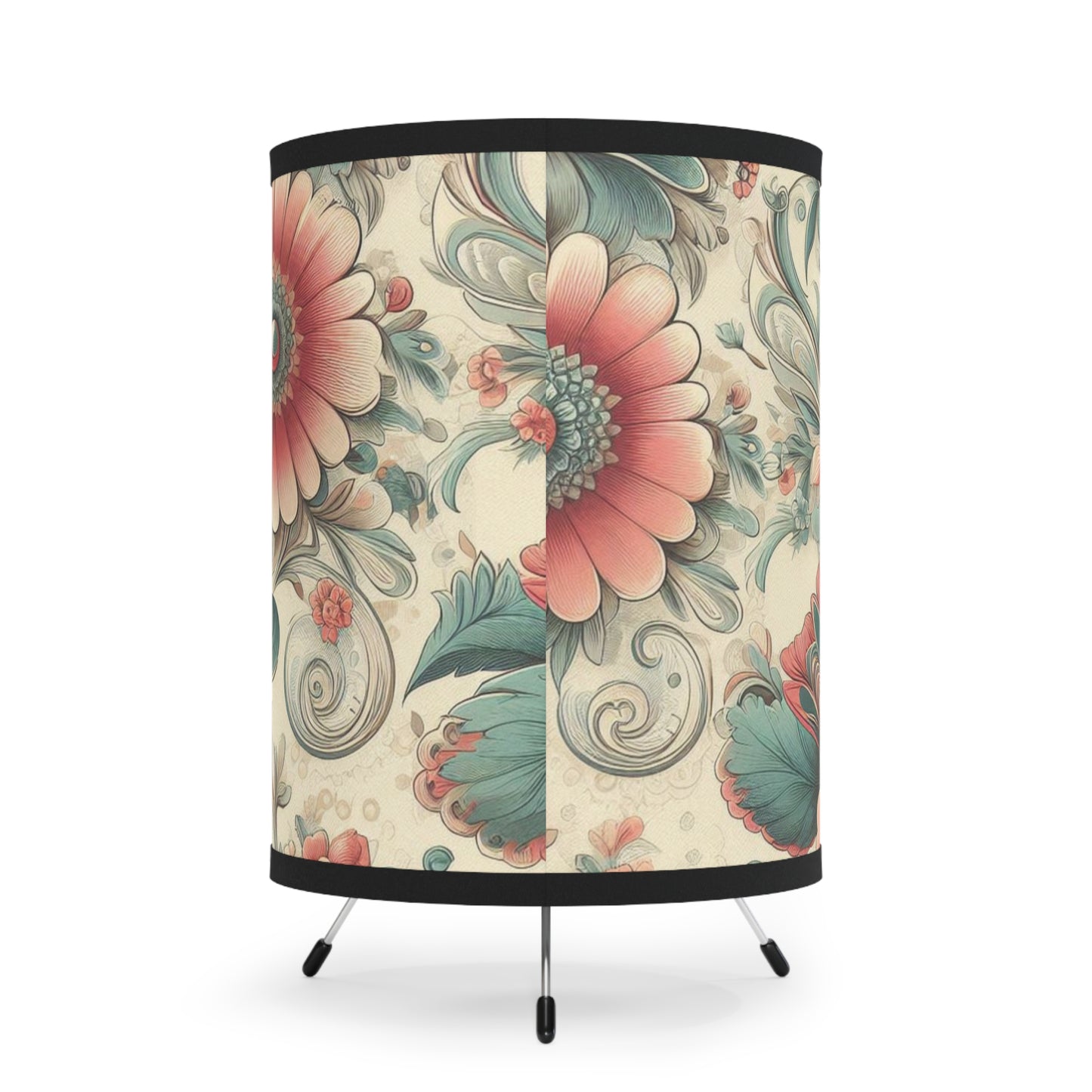 Tripod Table Lamp - Peach and Teal Florals Over Cream