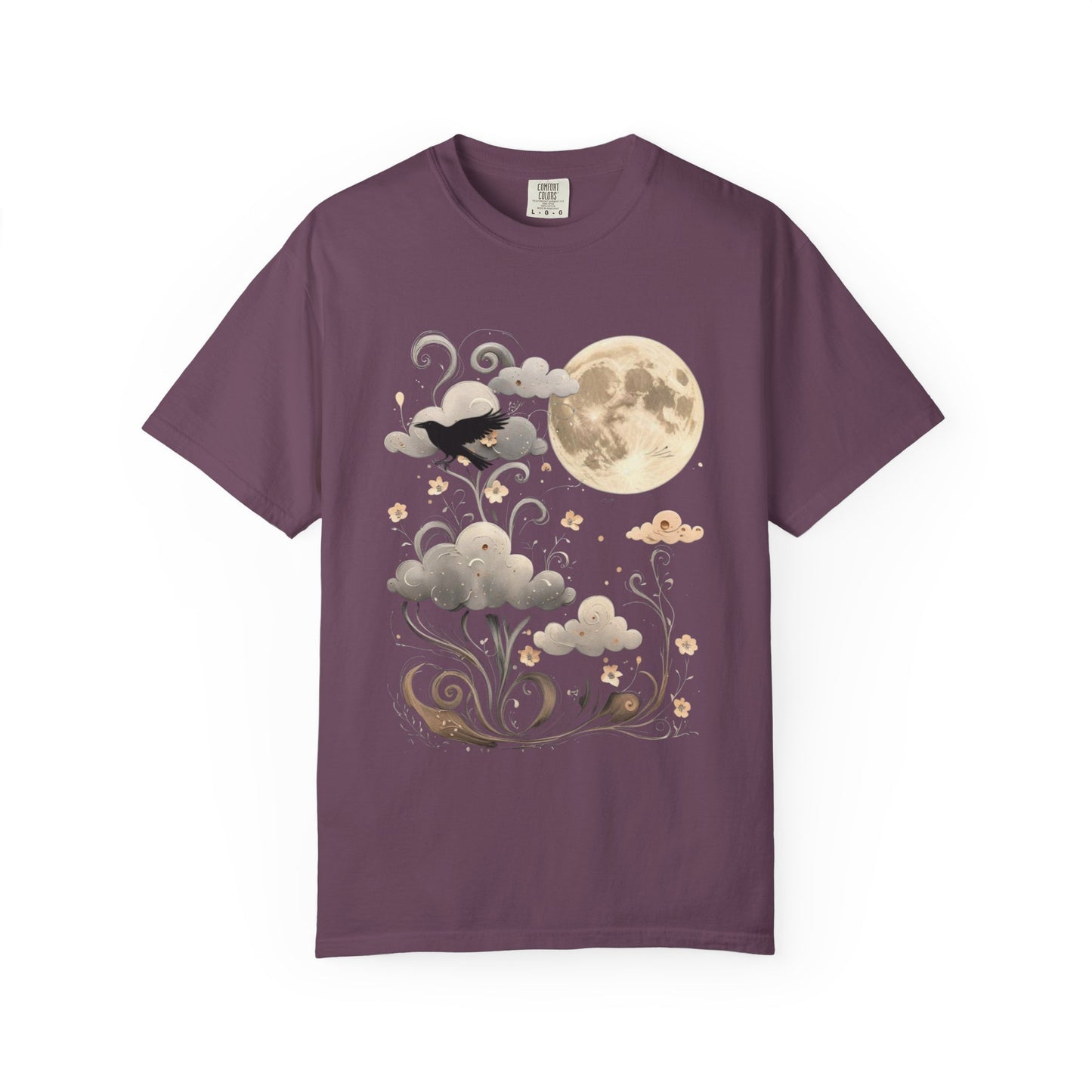 Moonlit Crow Comfort Colors T-Shirt, Halloween Mystical Raven Shirt, Dark Nature Art Tee, Cloud and Moon Graphic, Soft Cotton Witchy T-Shirt