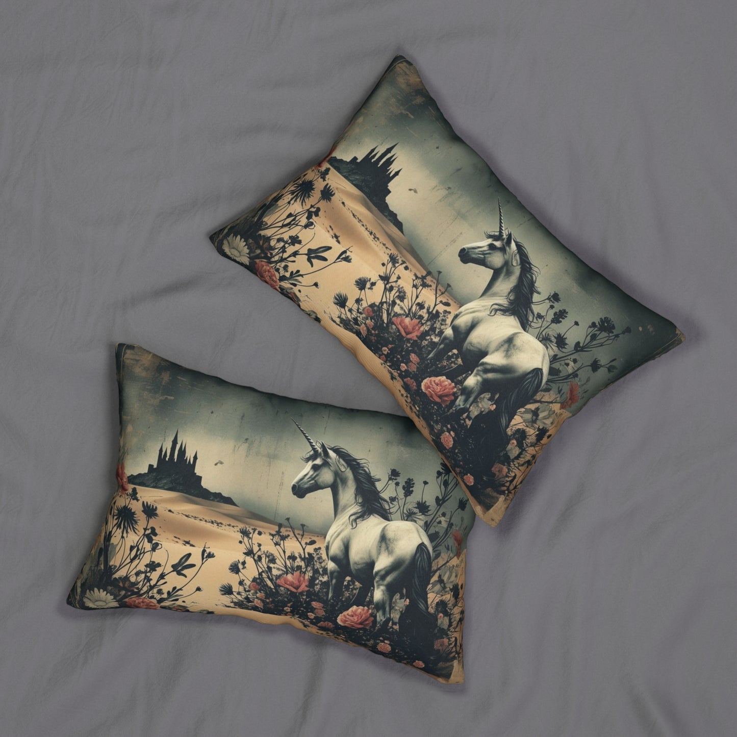Unicorn Lumbar Pillow, Dark Fairytale Castle Scene, Mystical Desert Gothic Home Decor, 20x14 Throw Cushion