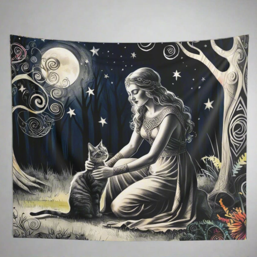 Moonlight Blessing Wall Tapestry – A Forest Goddess and Her Cat