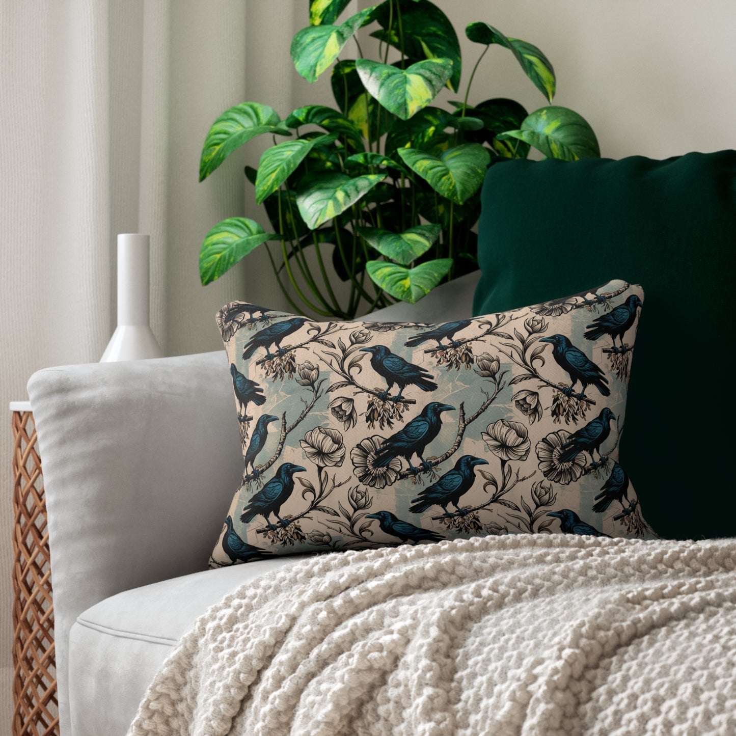 Gothic Crow & Floral Lumbar Pillow – 20x14" Sustainable Throw Pillow