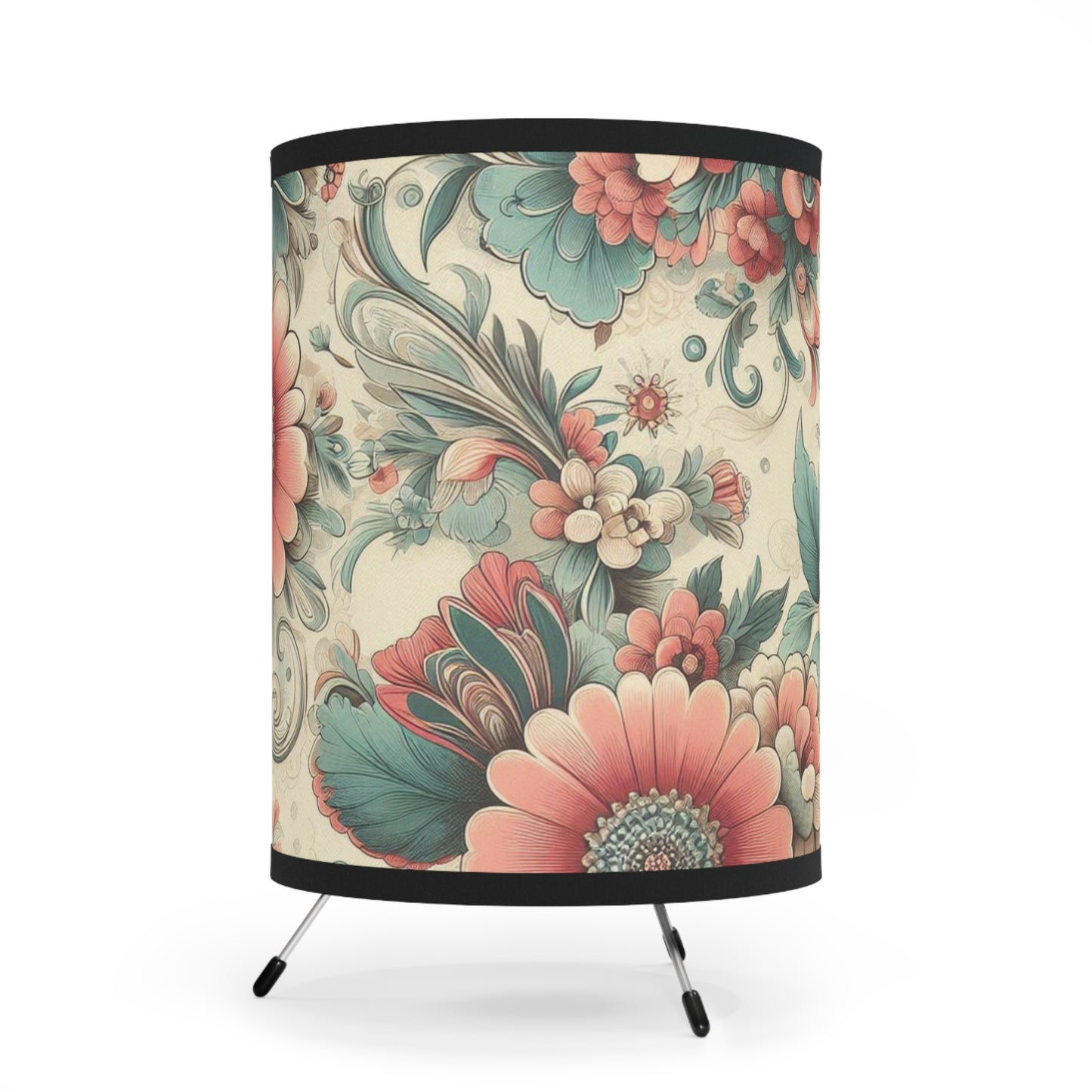 Tripod Table Lamp - Peach and Teal Florals Over Cream