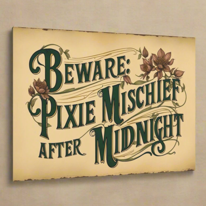 Metal Wall Art - Whimsical "Beware: Pixie Mischief After Midnight" Vintage Victorian Style Large Metal Art Sign for Fairy Lovers