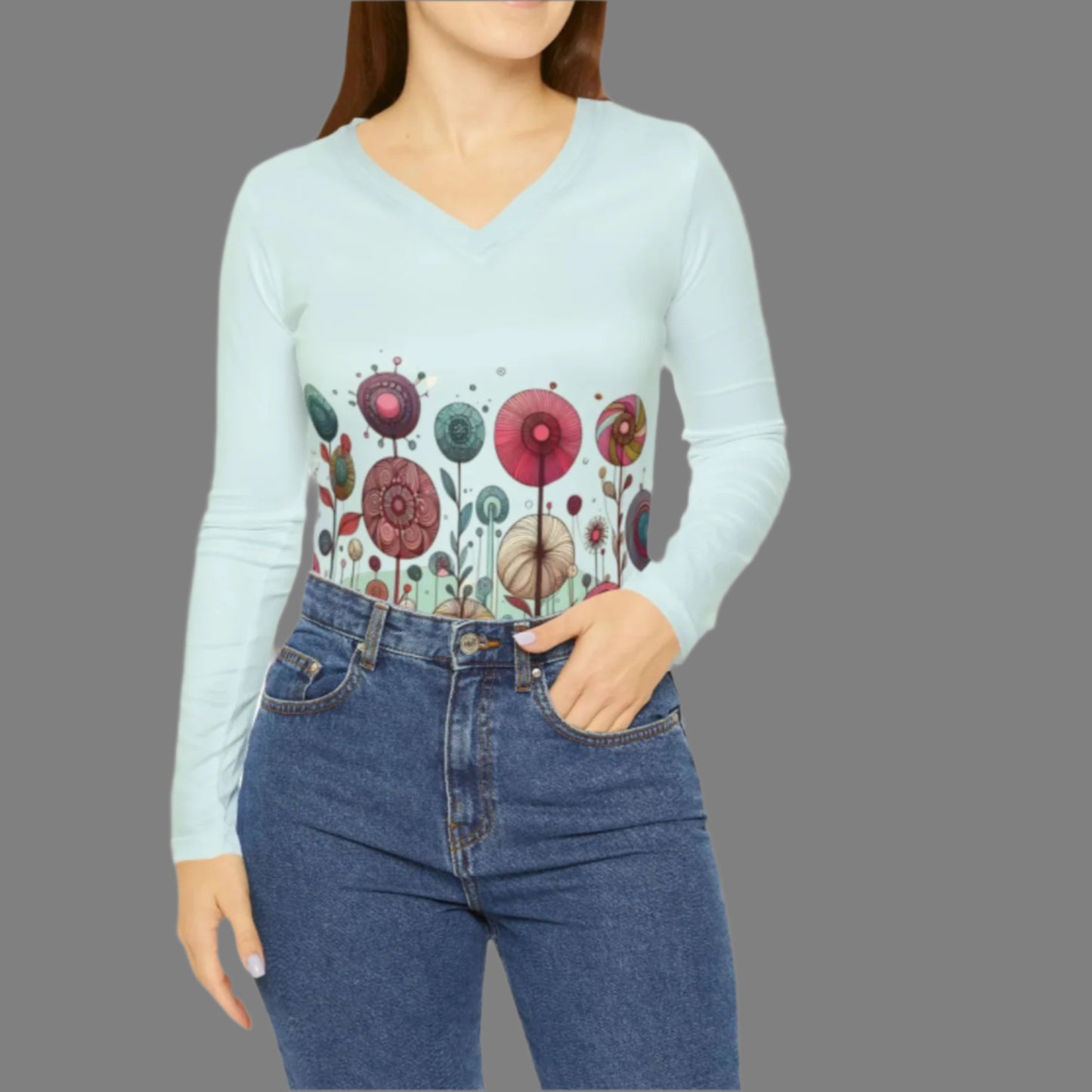 Women's Long Sleeve V-Neck Top β Whimsical Floral Design on Front and Back, Pale Blue, Soft Lightweight Knit