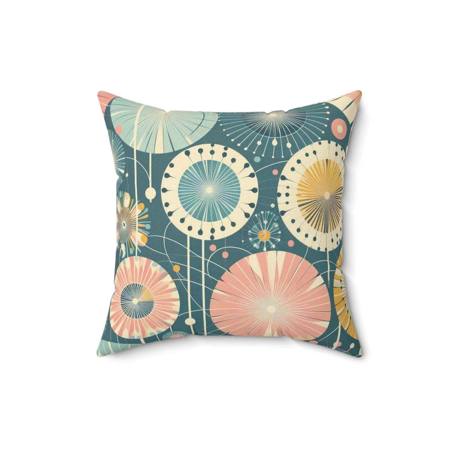 Faux Suede Pillow - Whimsical Abstract Dandelions, Deep Teal with Peach and Yellow Accents
