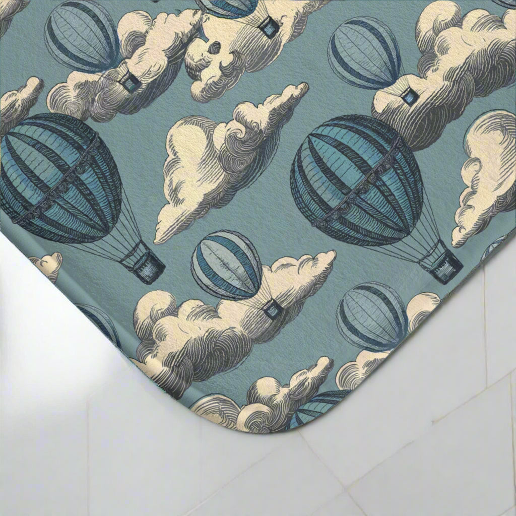 Vintage Hot Air Balloon Bath Mat – Whimsical Cloud Bathroom Rug, Cozy Travel Decor, Soft Memory Foam Mat with Non-Slip Backing