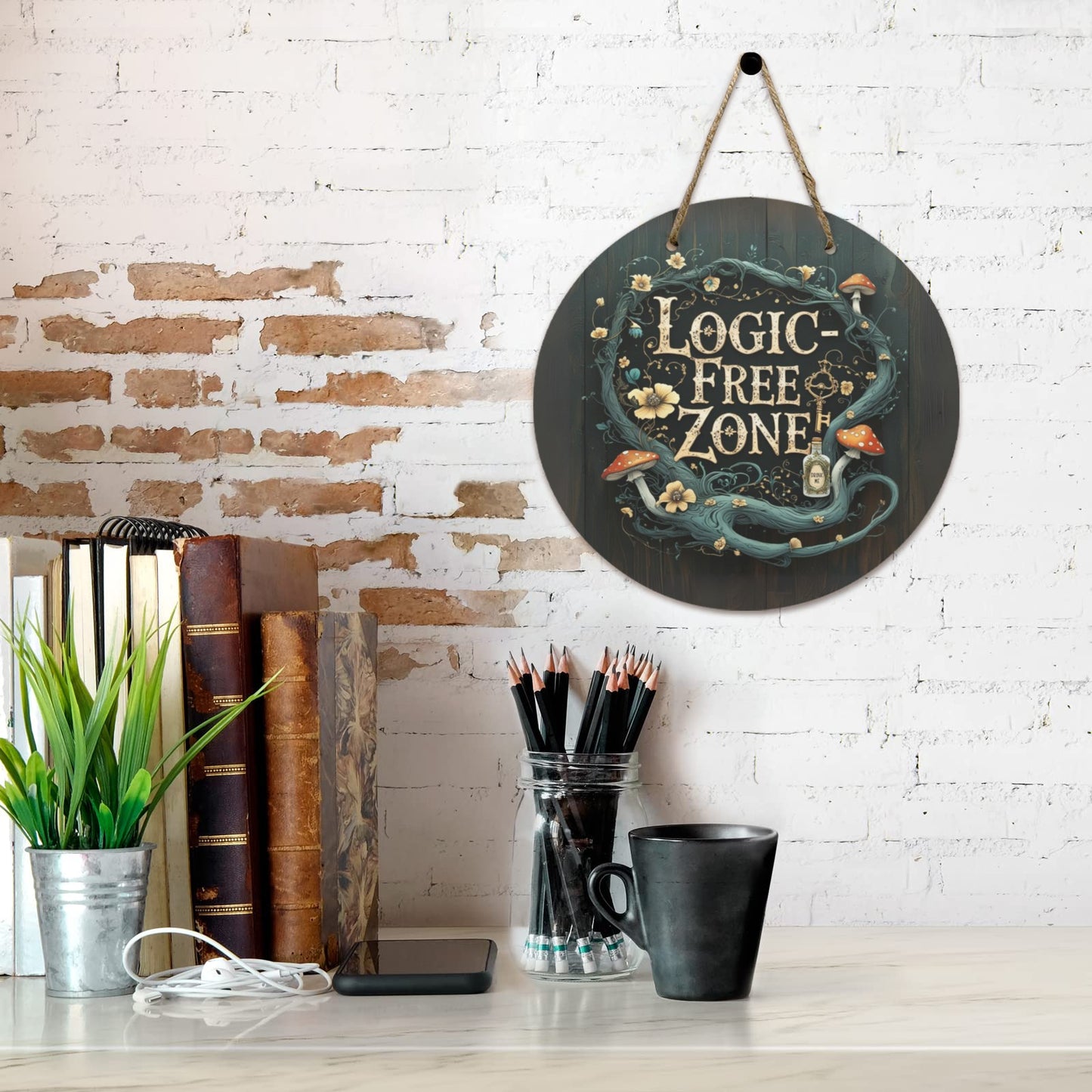 Logic-Free Zone Round Wooden Sign | Alice in Wonderland Inspired Wall Art