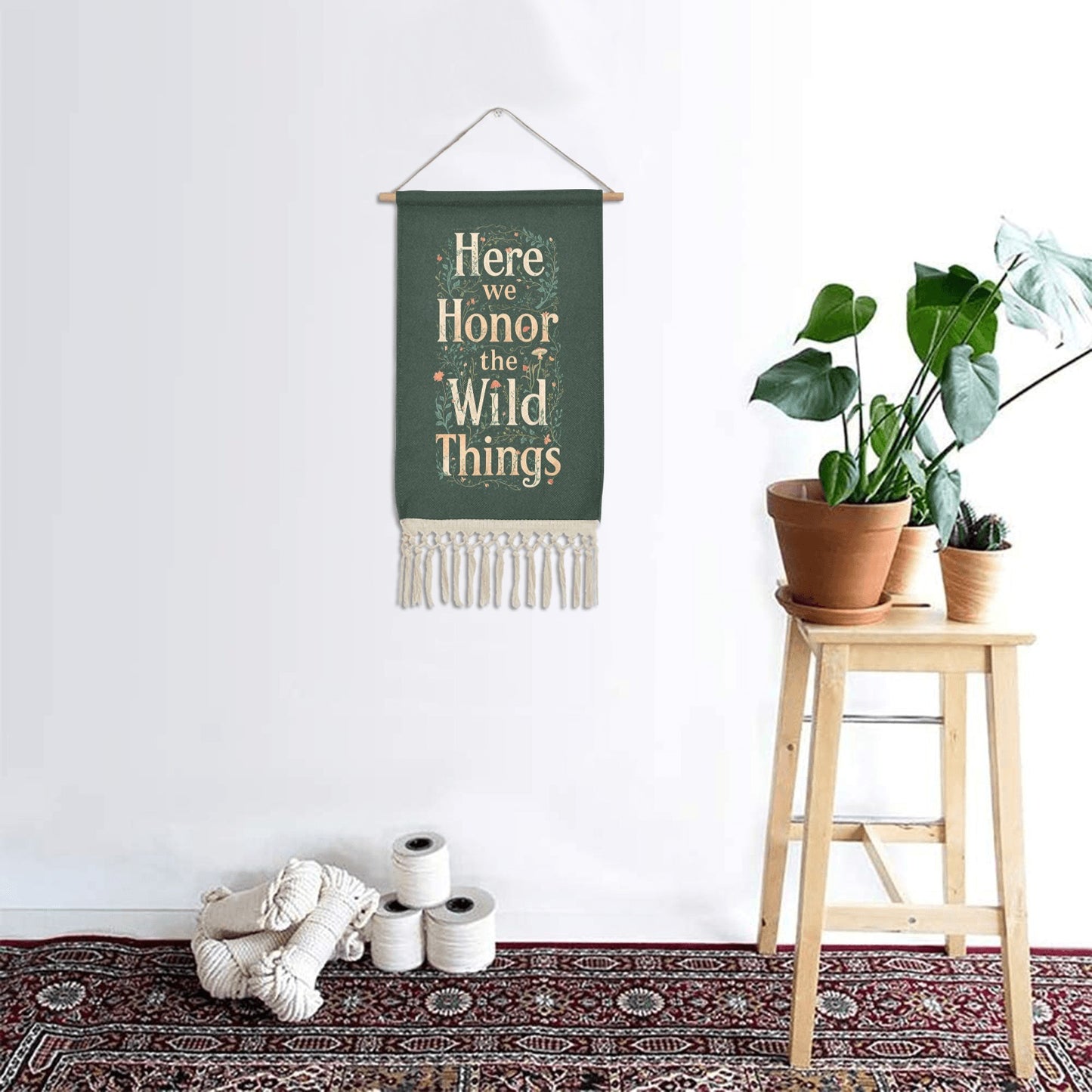 Botanical Linen Hanging Poster | Woodland Quote, Wooden Scroll & Fringe Tapestry