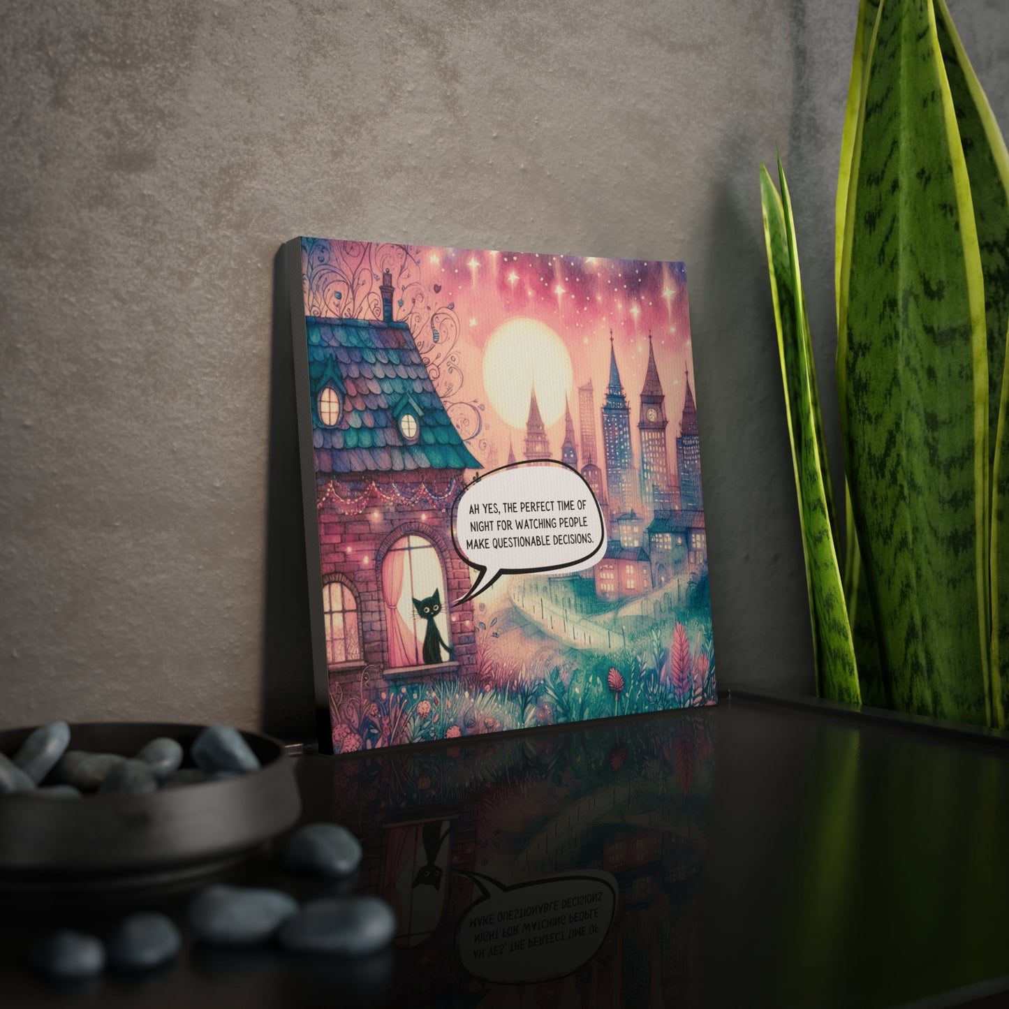 Canvas Sticky Tile - 8x8" Whimsical Scene of Sassy Cat Commenting on People's "Questionable Decisions"