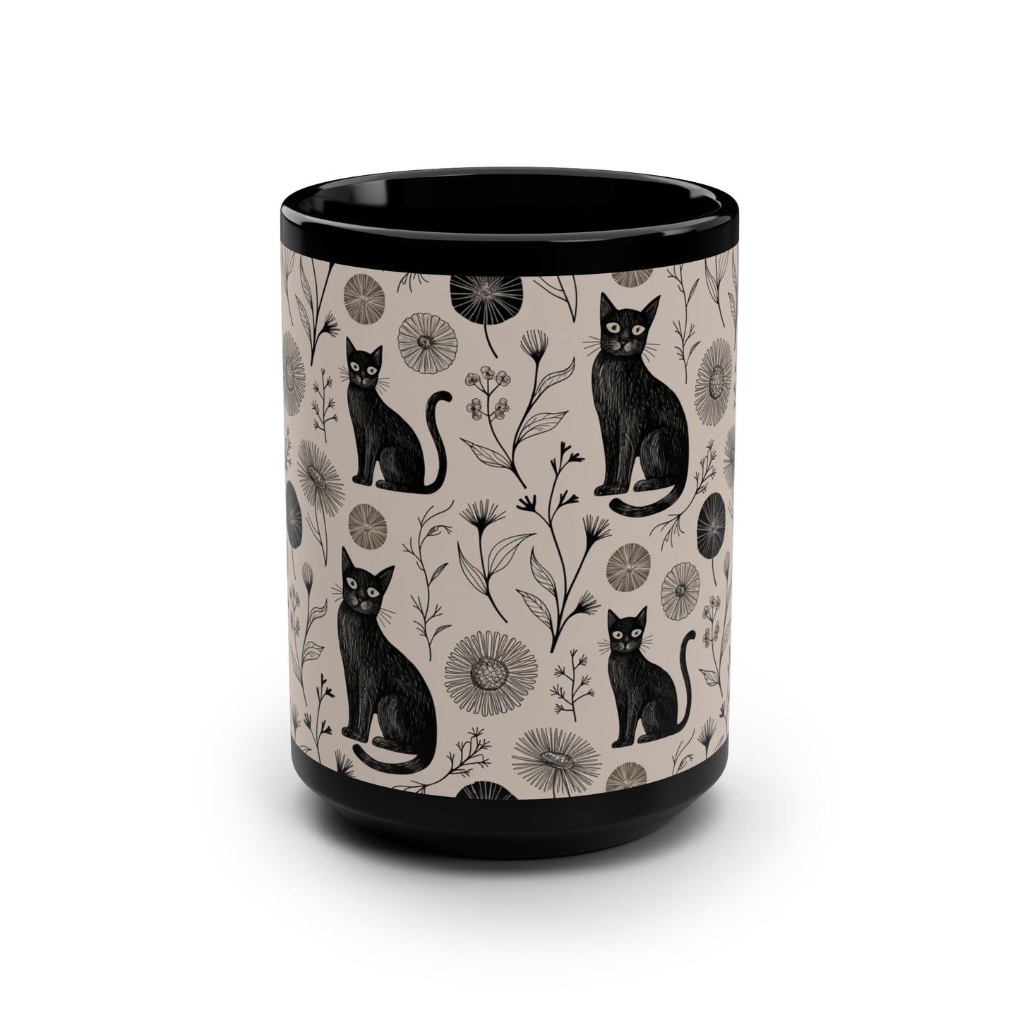 Black Cat Floral Mug | 15oz Coffee Cup for Cat Lovers, Gift for Pet Owners, Cozy Home Decor, Unique Cat-Themed Mug, Cat Lover's Gift