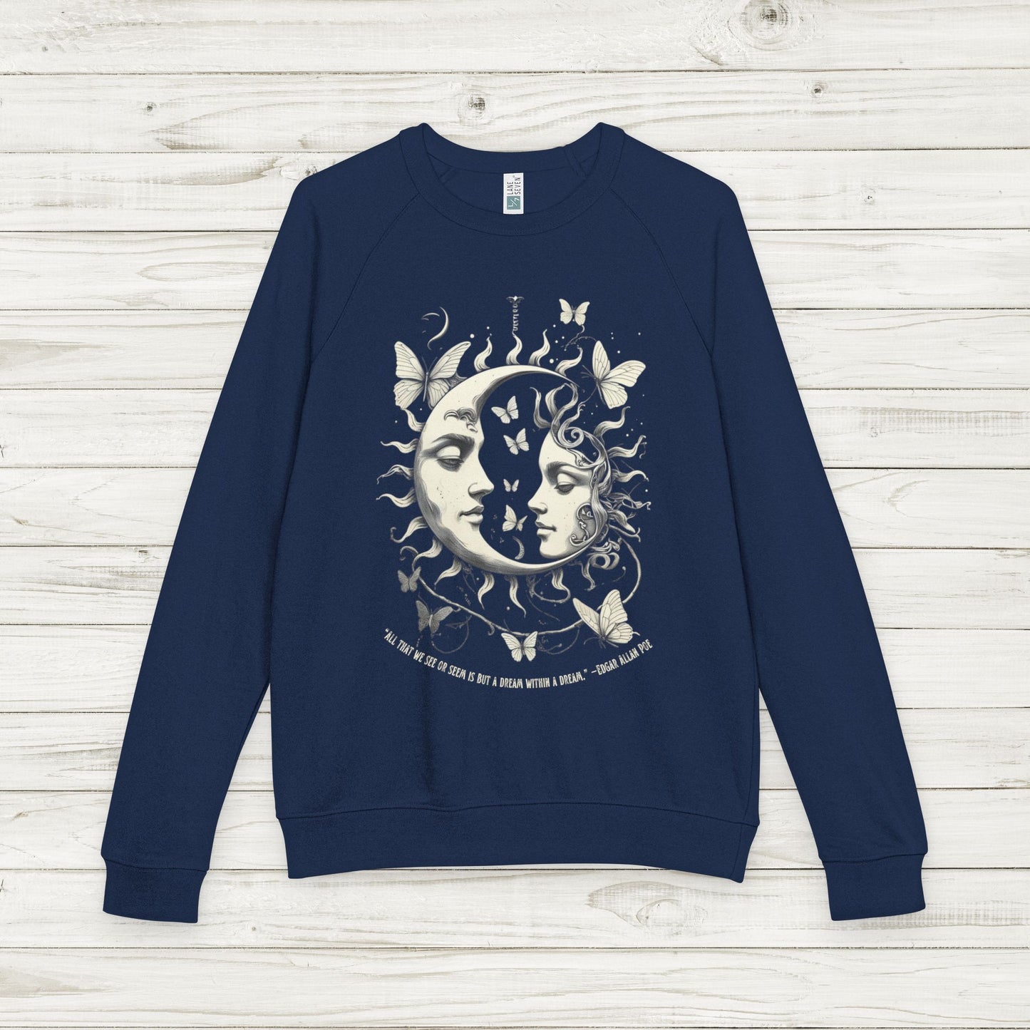 Sun and Vintage Moon Mystic Celestial French Terry Sweatshirt with Edgar Allan Poe Quote, Dreamy Cosmic Butterfly Pullover
