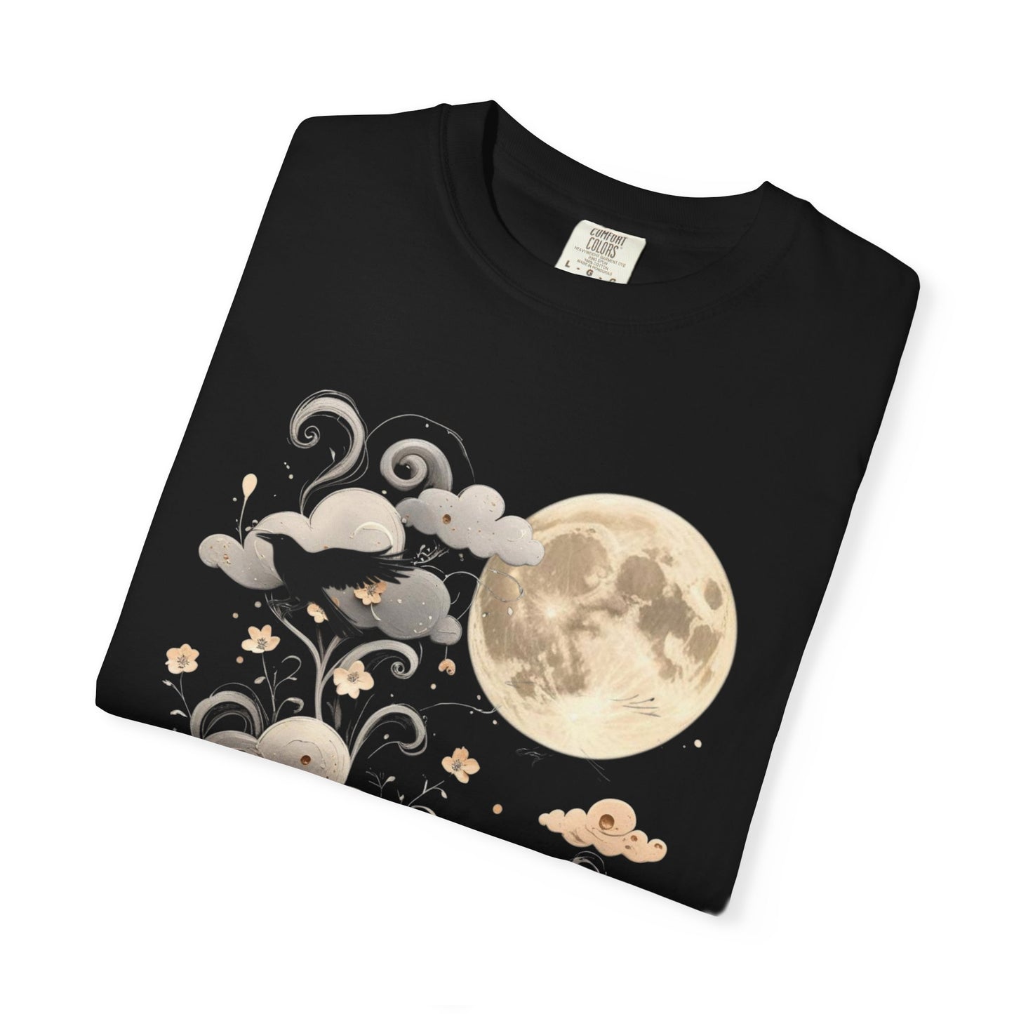 Moonlit Crow Comfort Colors T-Shirt, Halloween Mystical Raven Shirt, Dark Nature Art Tee, Cloud and Moon Graphic, Soft Cotton Witchy T-Shirt