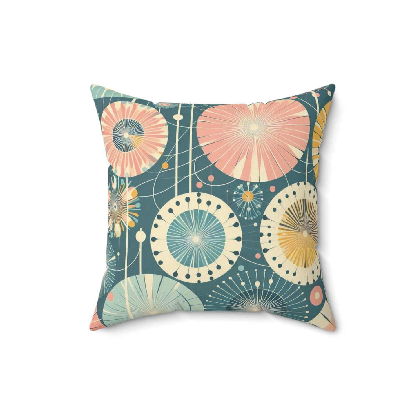 Faux Suede Pillow - Whimsical Abstract Dandelions, Deep Teal with Peach and Yellow Accents