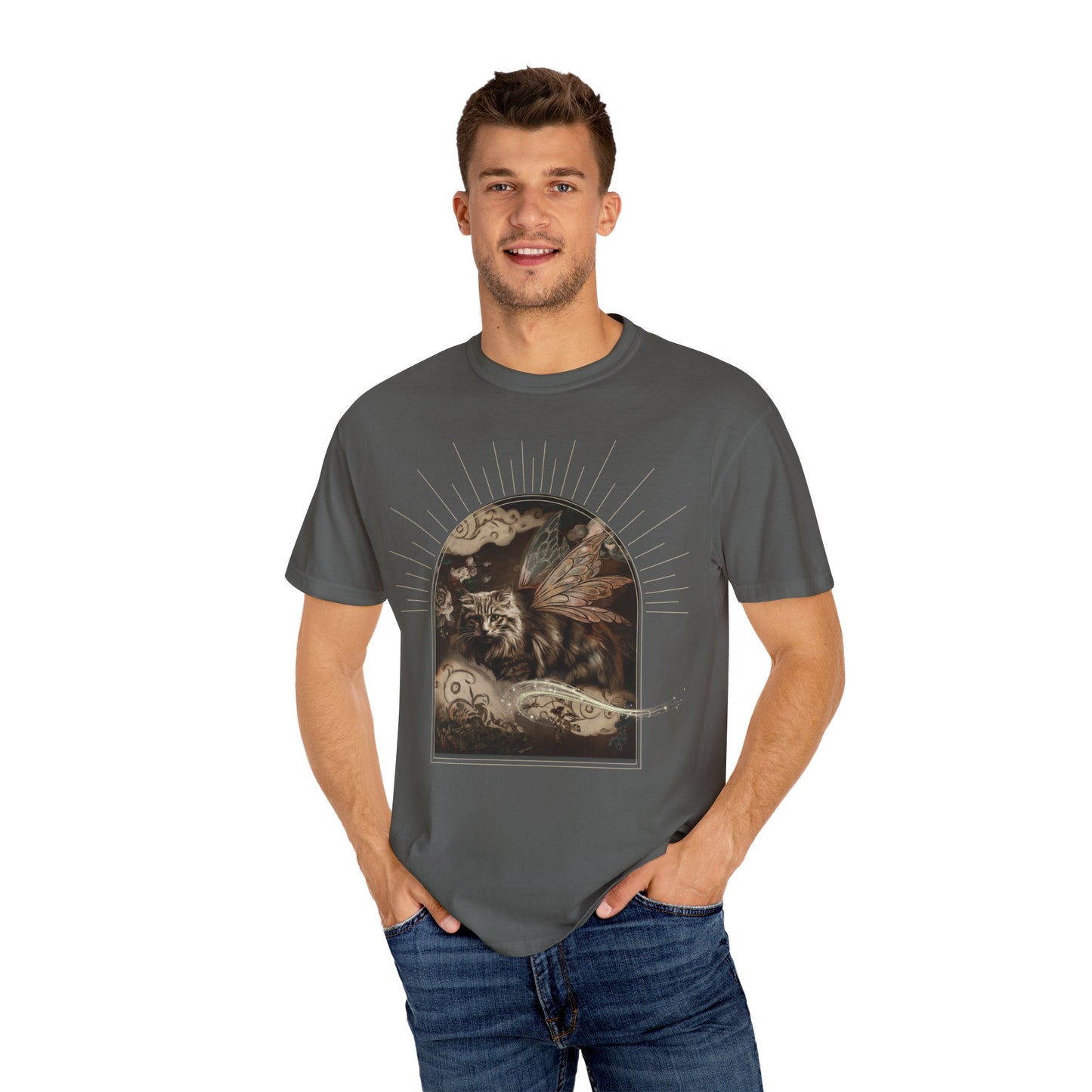 Fairy Cat Comfort Colors T-Shirt - Mystical Garden Arch Graphic Tee, Unisex Fit - Enchanted Gift for Fantasy Lovers
