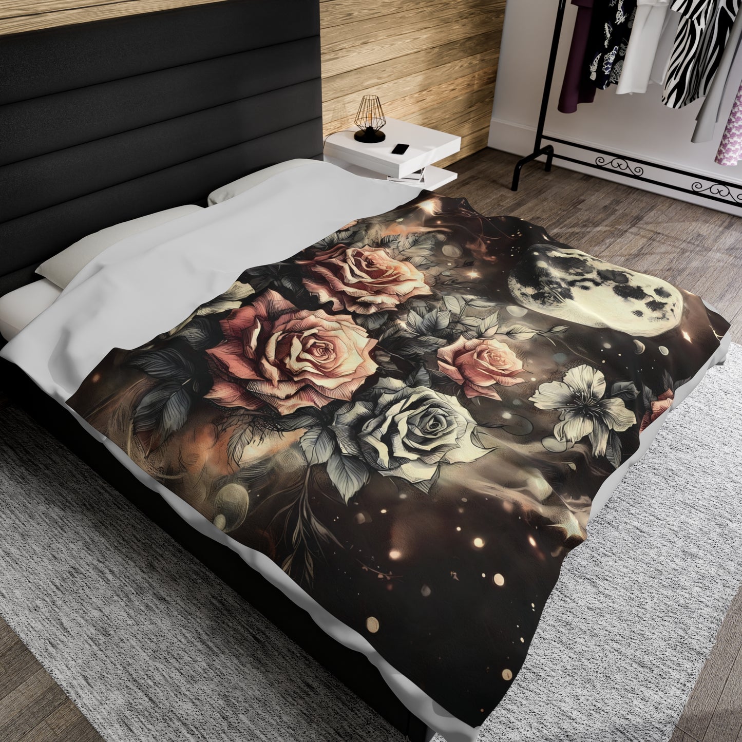 Velveteen Plush Blanket - Vintage Rose Garden Celestial Moon Print