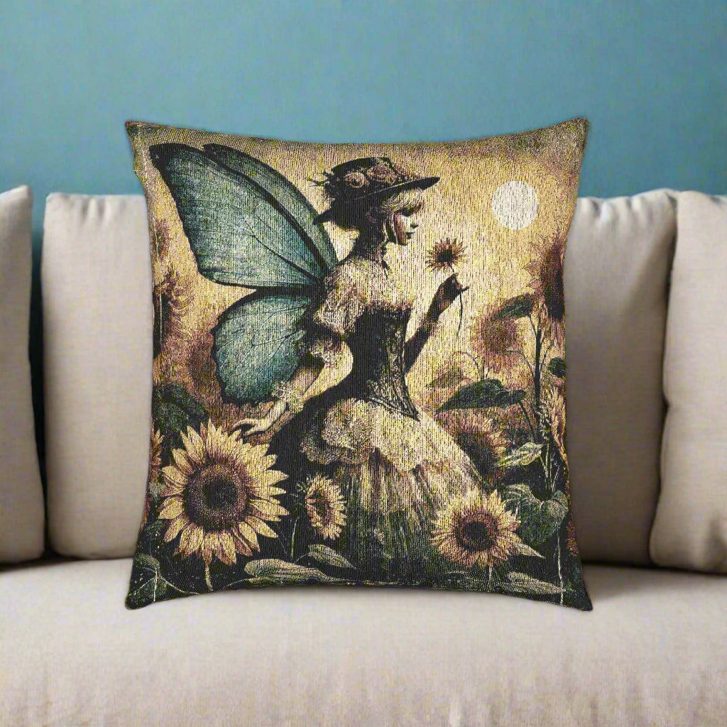 Whimsical Fairytale Woven Pillow, Victorian Fairy in Sunflower Field, Floral Decor for Dreamy Spaces