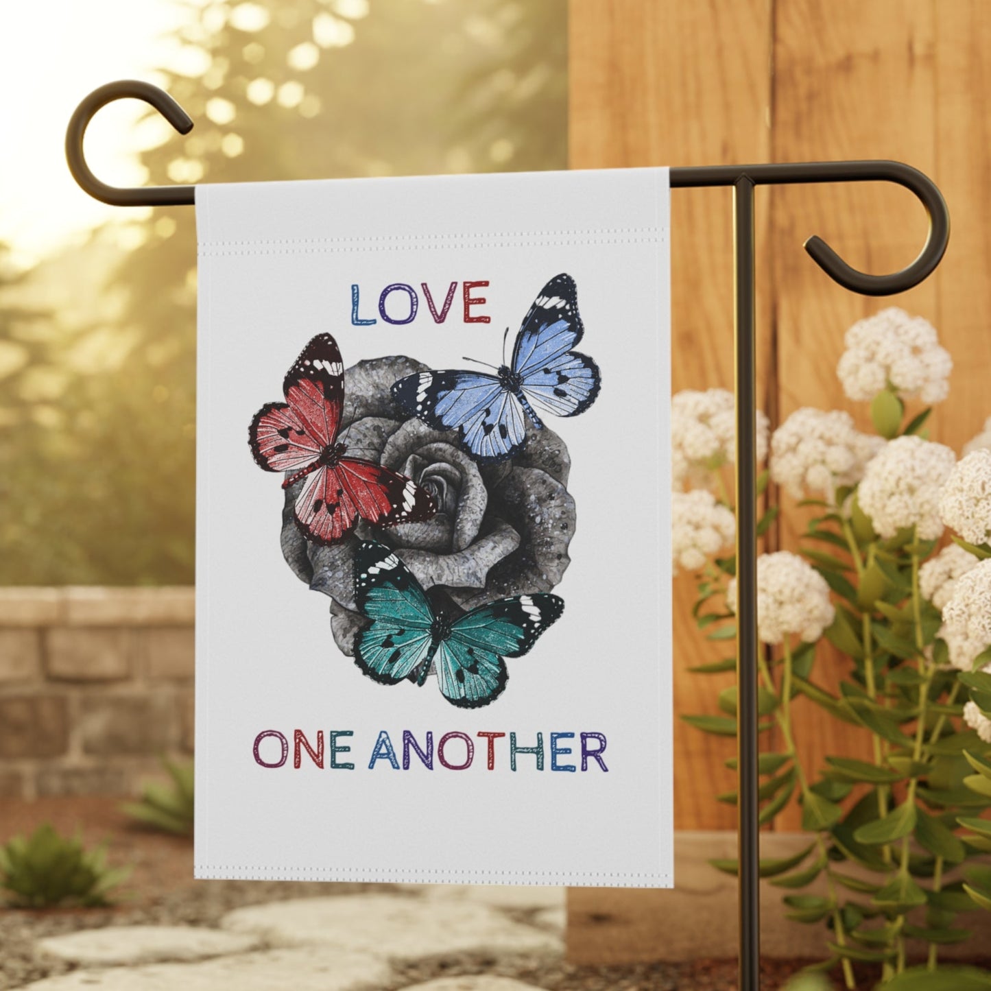 Yard Flag / Garden Banner - Summer or Spring "Love One Another" Message with Rose and Butterflies