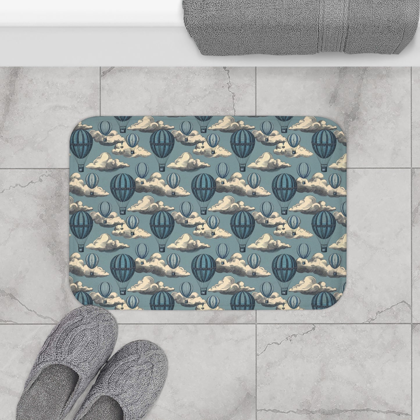 Vintage Hot Air Balloon Bath Mat – Whimsical Cloud Bathroom Rug, Cozy Travel Decor, Soft Memory Foam Mat with Non-Slip Backing