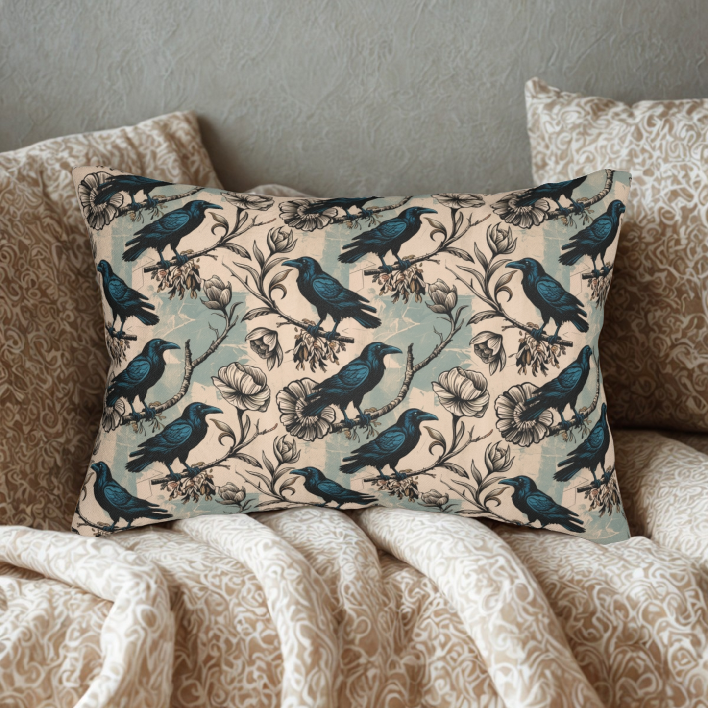 Gothic Crow & Floral Lumbar Pillow – 20x14" Sustainable Throw Pillow