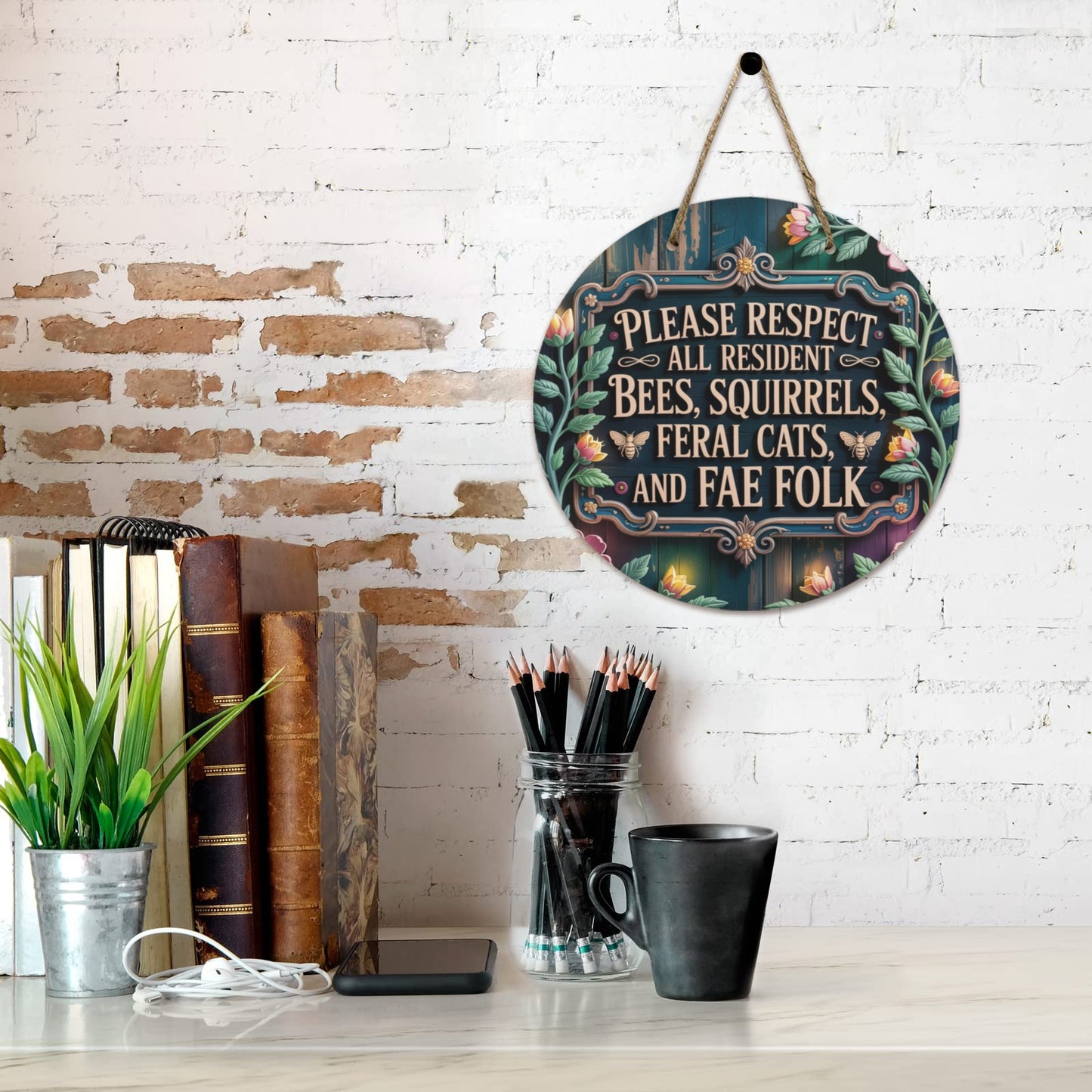 Please Respect All Residents Wooden Sign | Whimsical Cottagecore Garden Decor