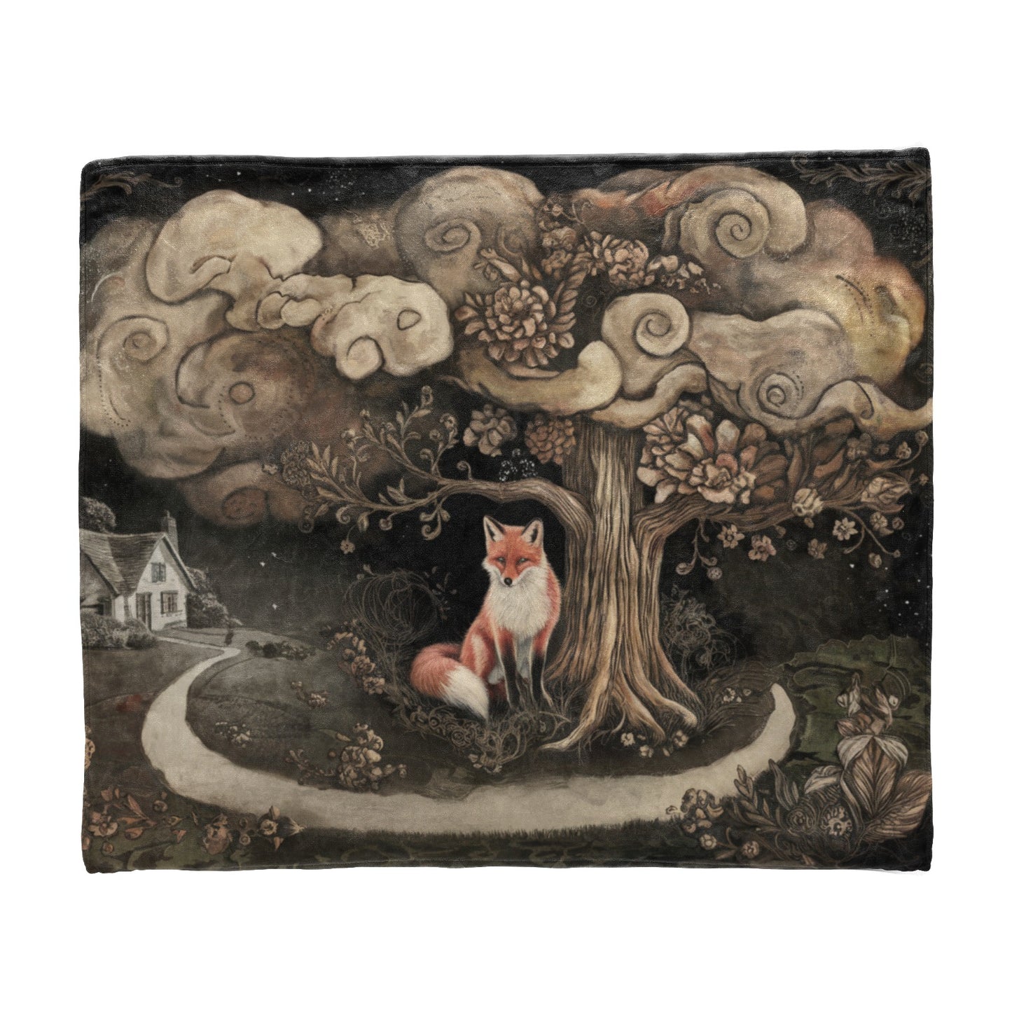 Whimsical Fox Under Moonlit Tree | Dark Cottagecore 60x50 Fleece Throw Blanket