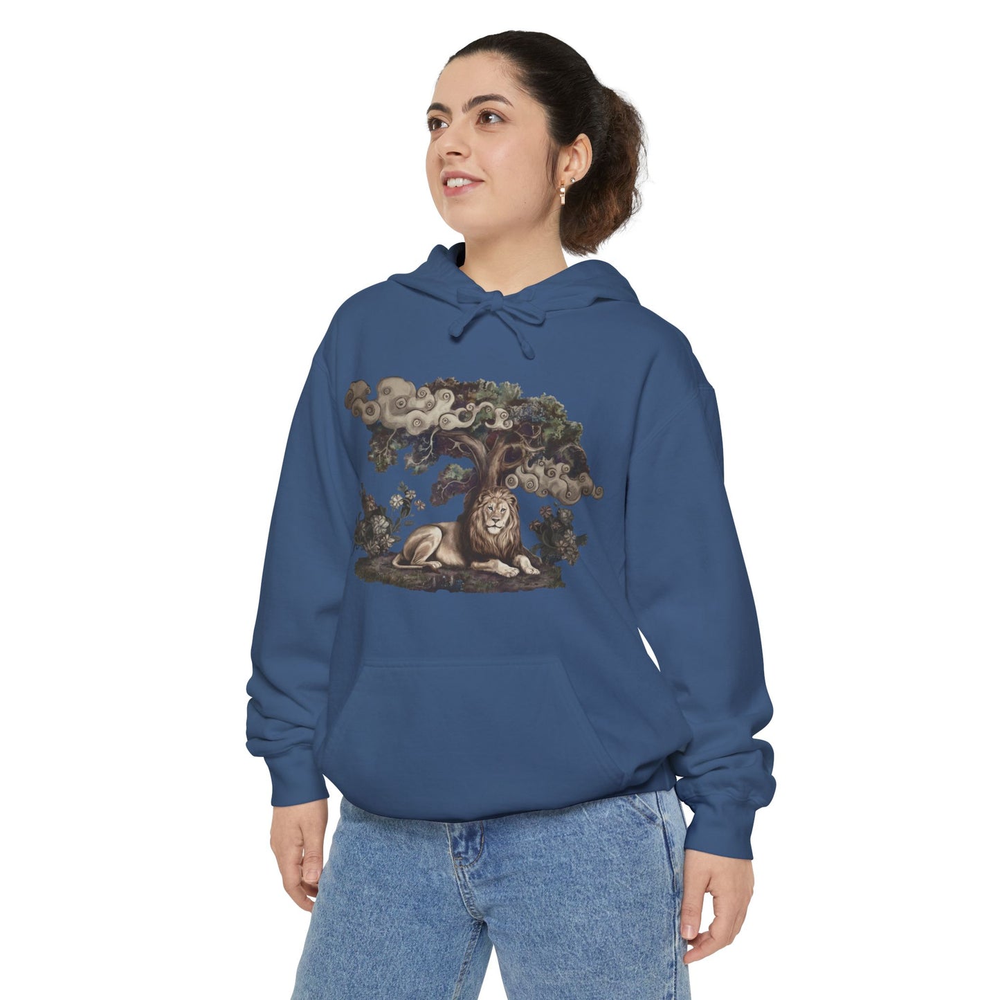 Mystical Lion Hoodie - Comfort Colors Celestial Tree of Life Sweatshirt - Lion Spirit Animal Gift - Bohemian Animal Art Hoodie