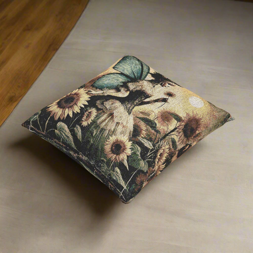 Whimsical Fairytale Woven Pillow, Victorian Fairy in Sunflower Field, Floral Decor for Dreamy Spaces