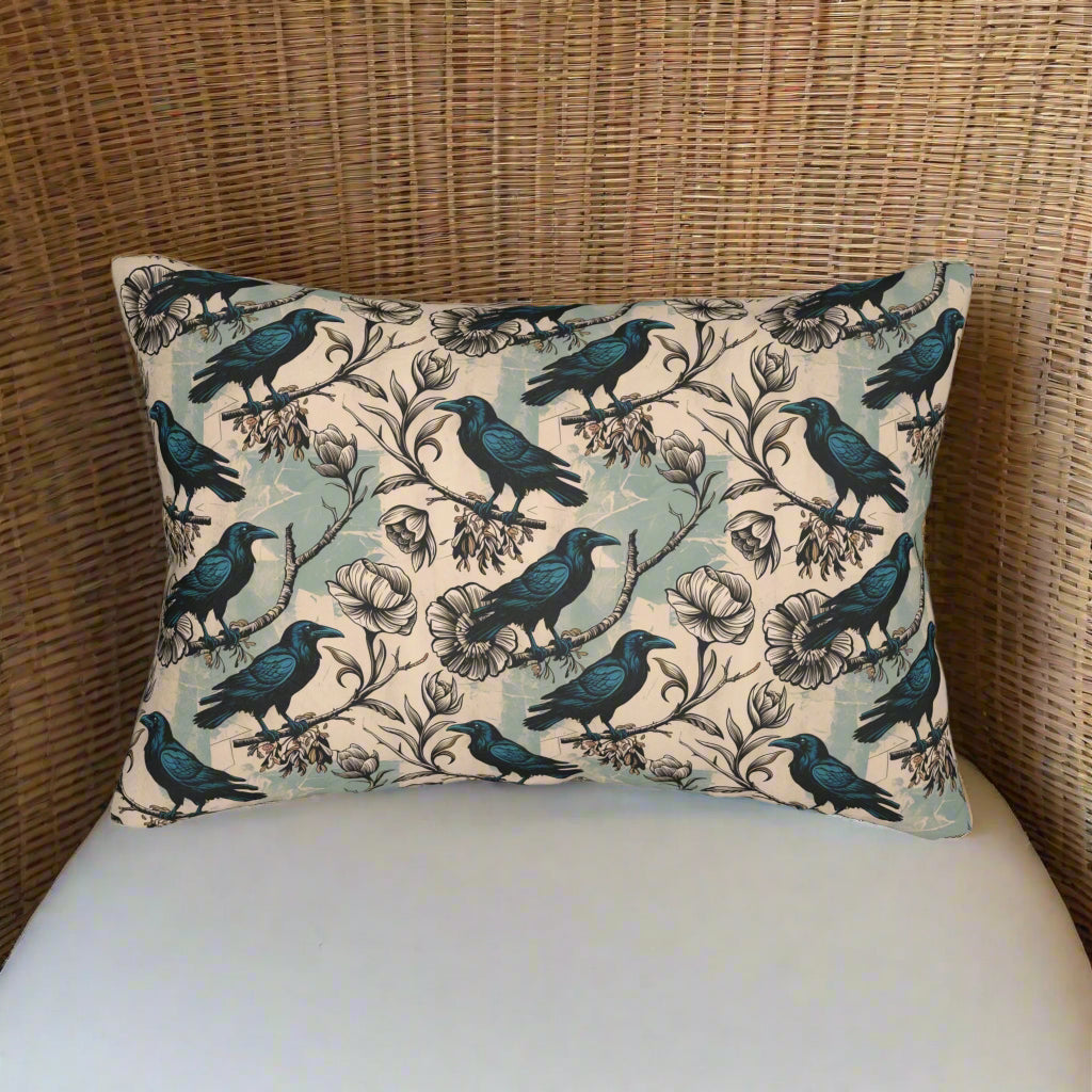 Gothic Crow & Floral Lumbar Pillow – 20x14" Sustainable Throw Pillow