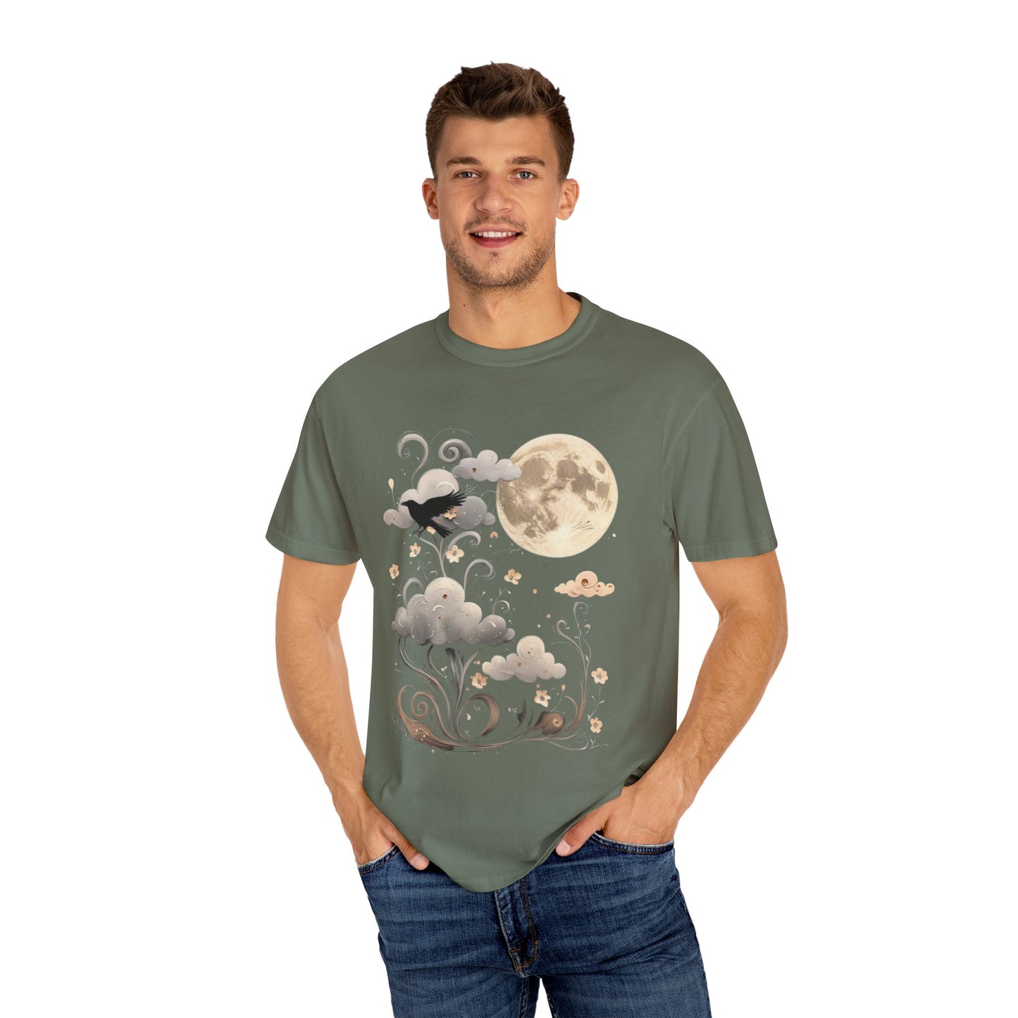 Moonlit Crow Comfort Colors T-Shirt, Halloween Mystical Raven Shirt, Dark Nature Art Tee, Cloud and Moon Graphic, Soft Cotton Witchy T-Shirt