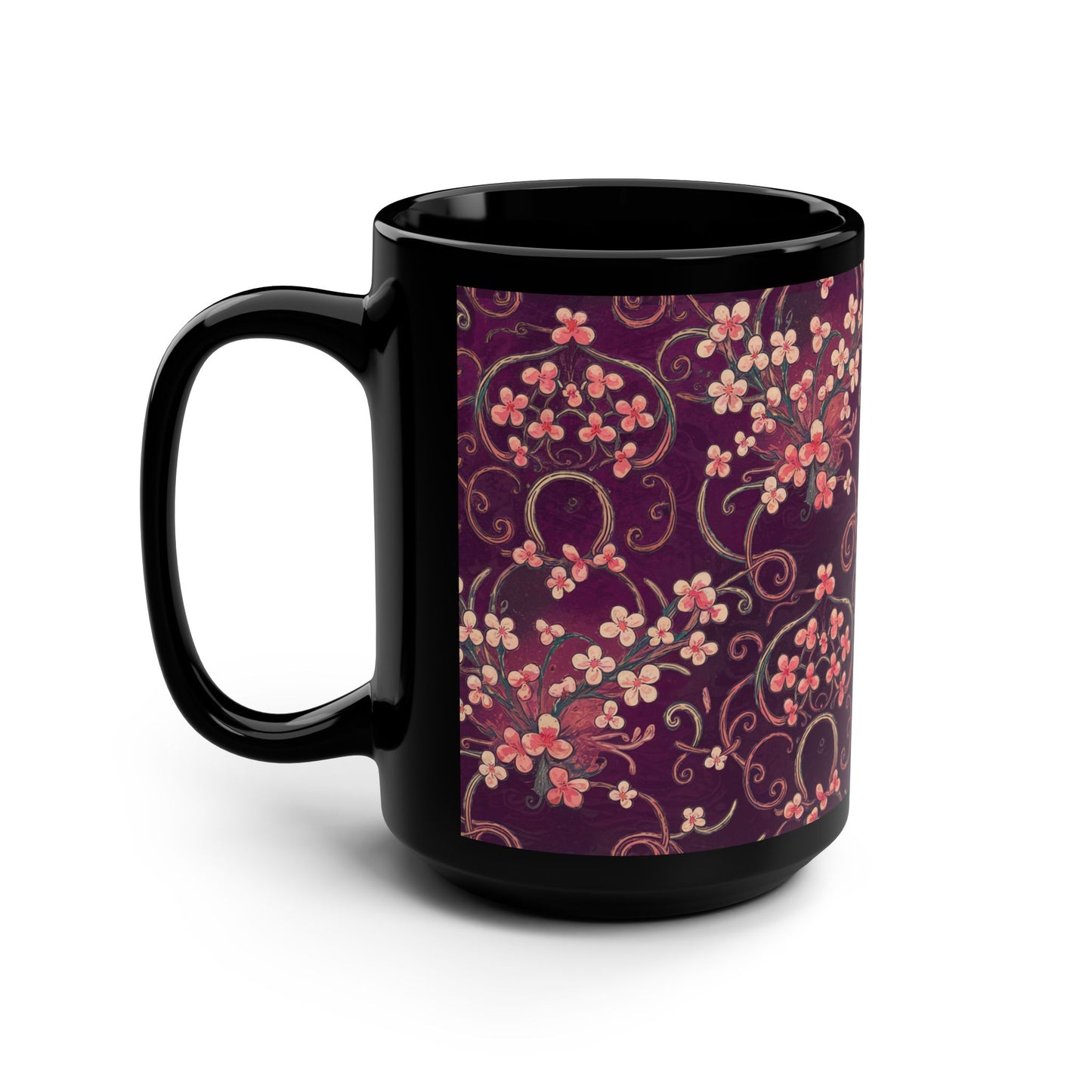 Floral Patterned Black Mug, Perfect Gift for Tea Lovers, 15oz Coffee Mug, Home Decor, Artful Drinkware, Cute Kitchen Essentials