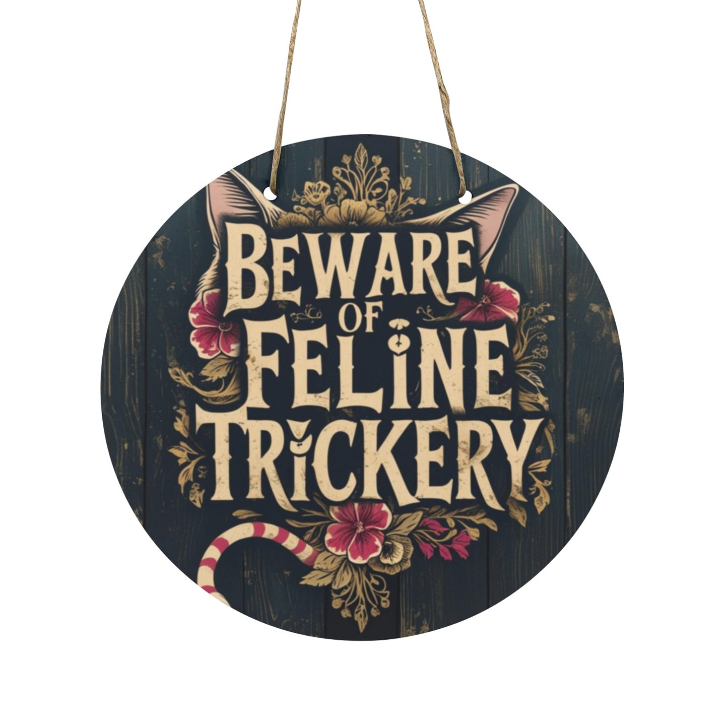 Beware of Feline Trickery Round Wooden Sign | Cat Lover Wall Decor