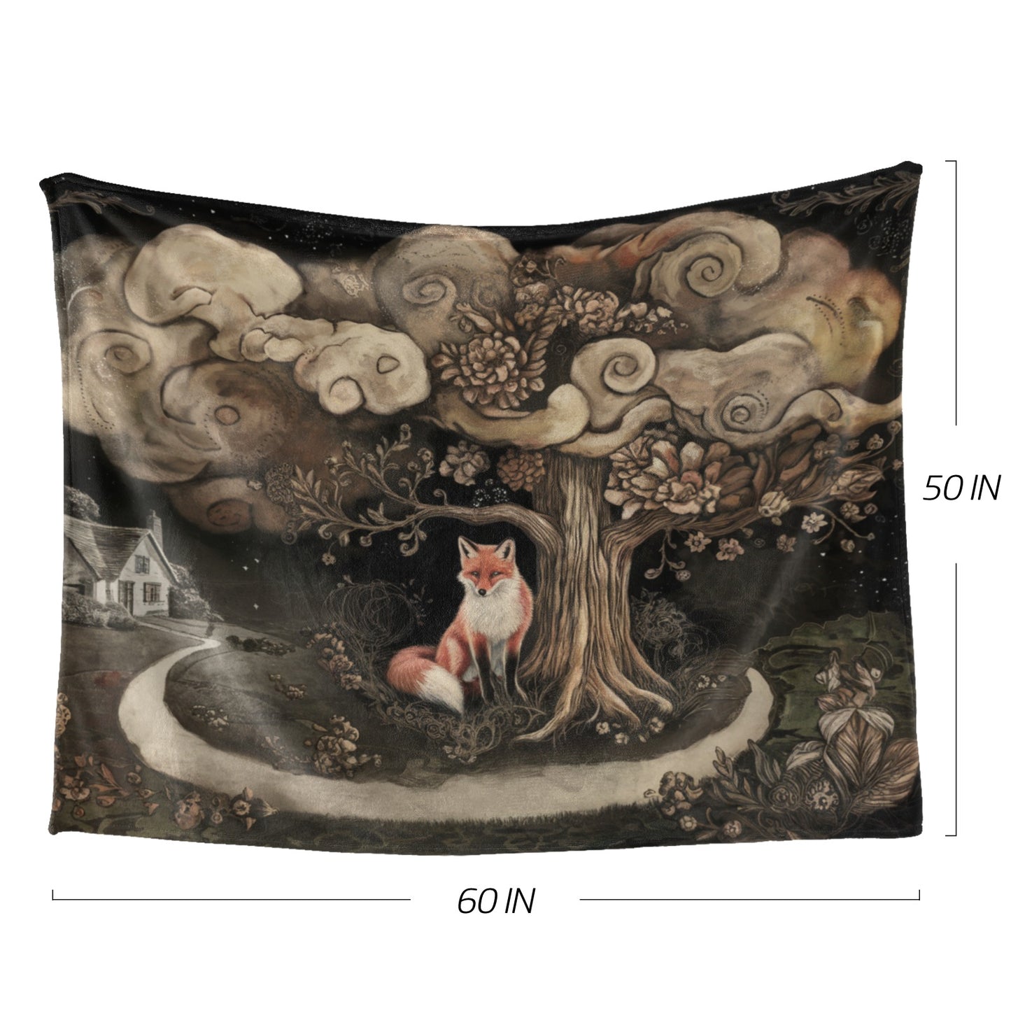 Whimsical Fox Under Moonlit Tree | Dark Cottagecore 60x50 Fleece Throw Blanket