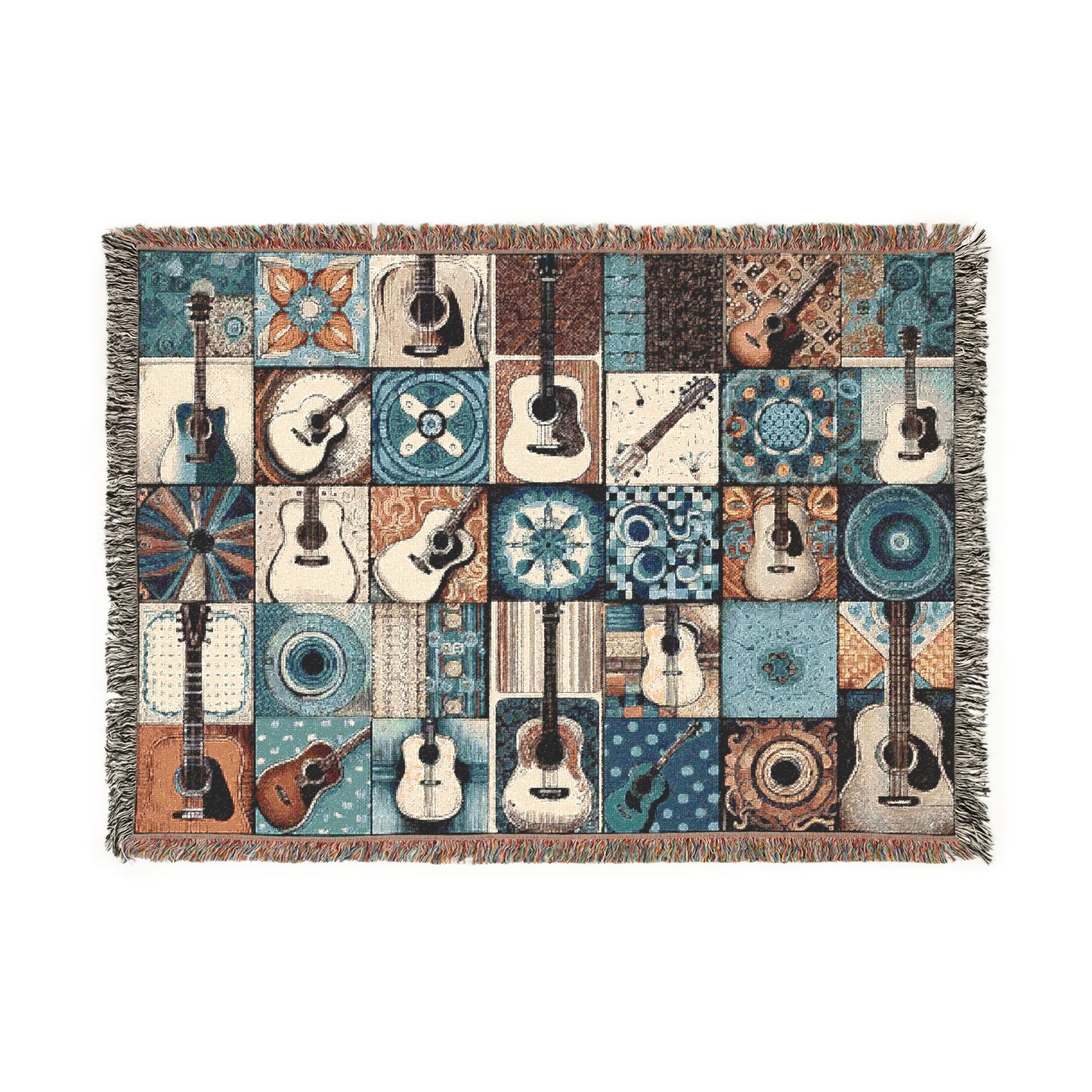 Woven Blanket - Acoustic Guitar Patchwork in Brown and Blue