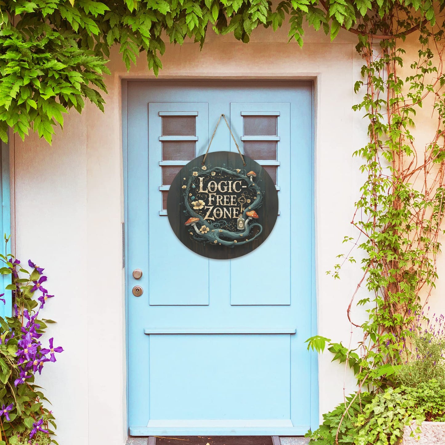 Logic-Free Zone Round Wooden Sign | Alice in Wonderland Inspired Wall Art