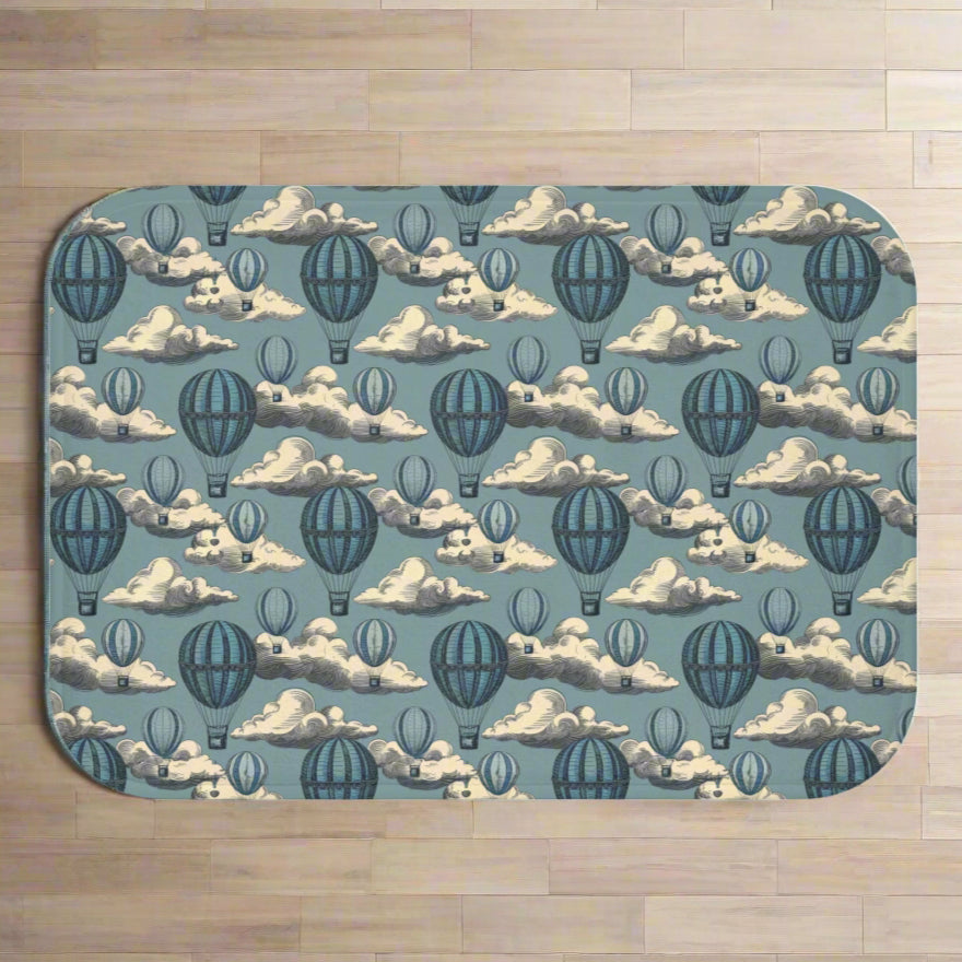 Vintage Hot Air Balloon Bath Mat – Whimsical Cloud Bathroom Rug, Cozy Travel Decor, Soft Memory Foam Mat with Non-Slip Backing