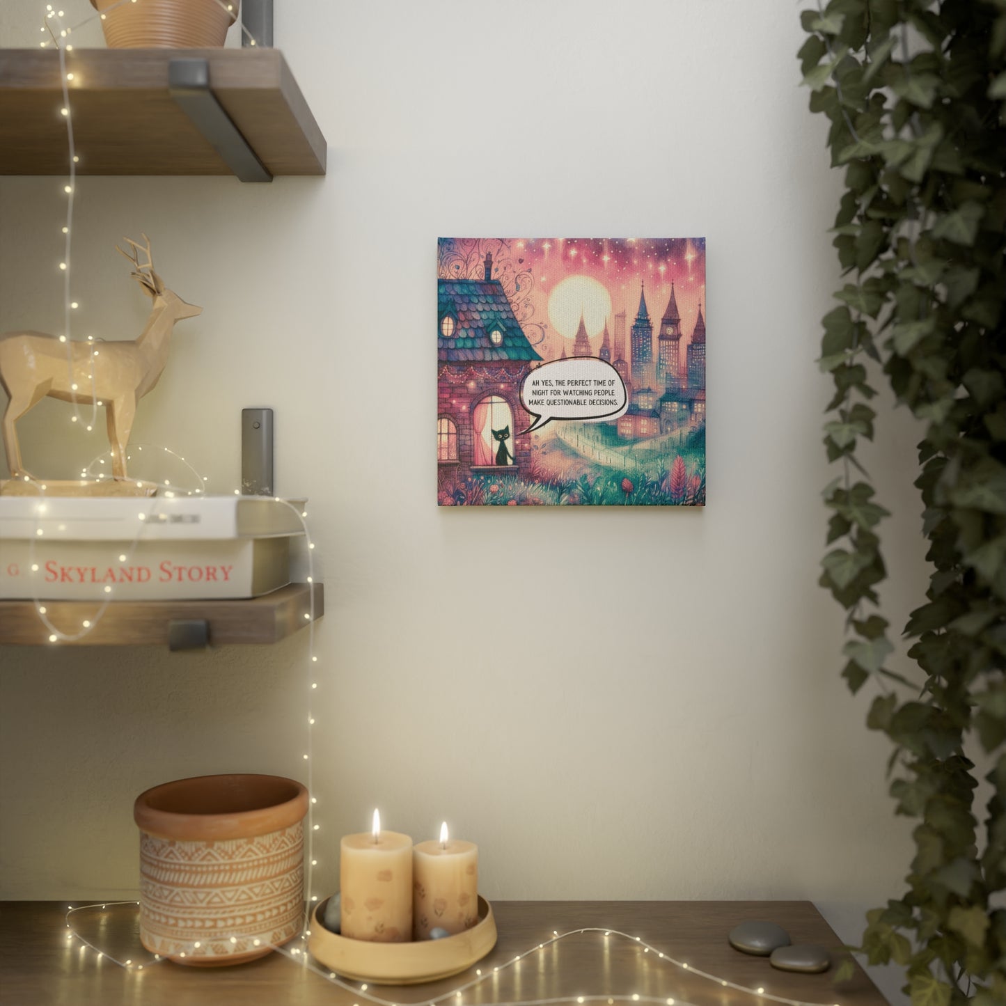 Canvas Sticky Tile - 8x8" Whimsical Scene of Sassy Cat Commenting on People's "Questionable Decisions"