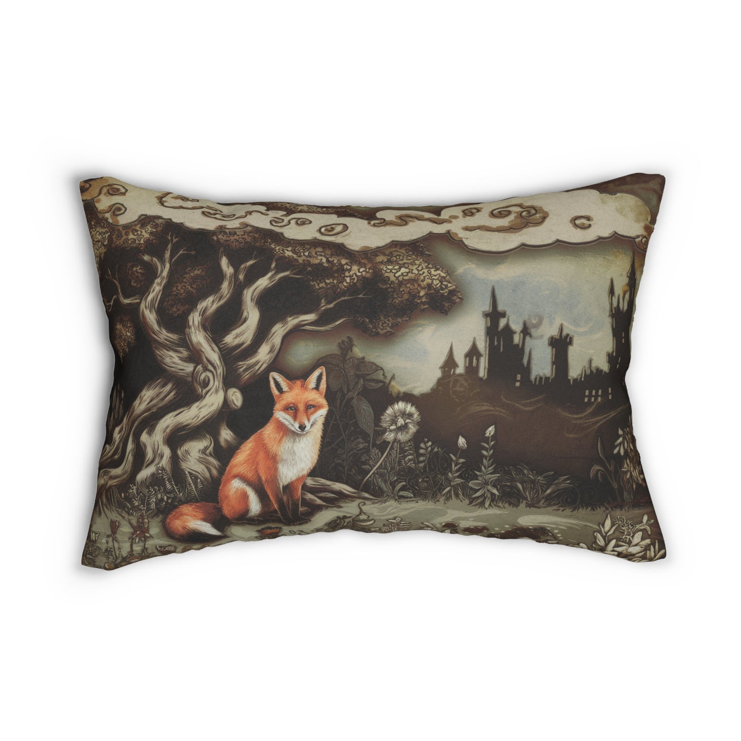 Fox Lumbar Pillow, Dark Fairytale Woodland Cushion, Gothic Castle Home Decor, Mystical Animal Throw Pillow 20x14