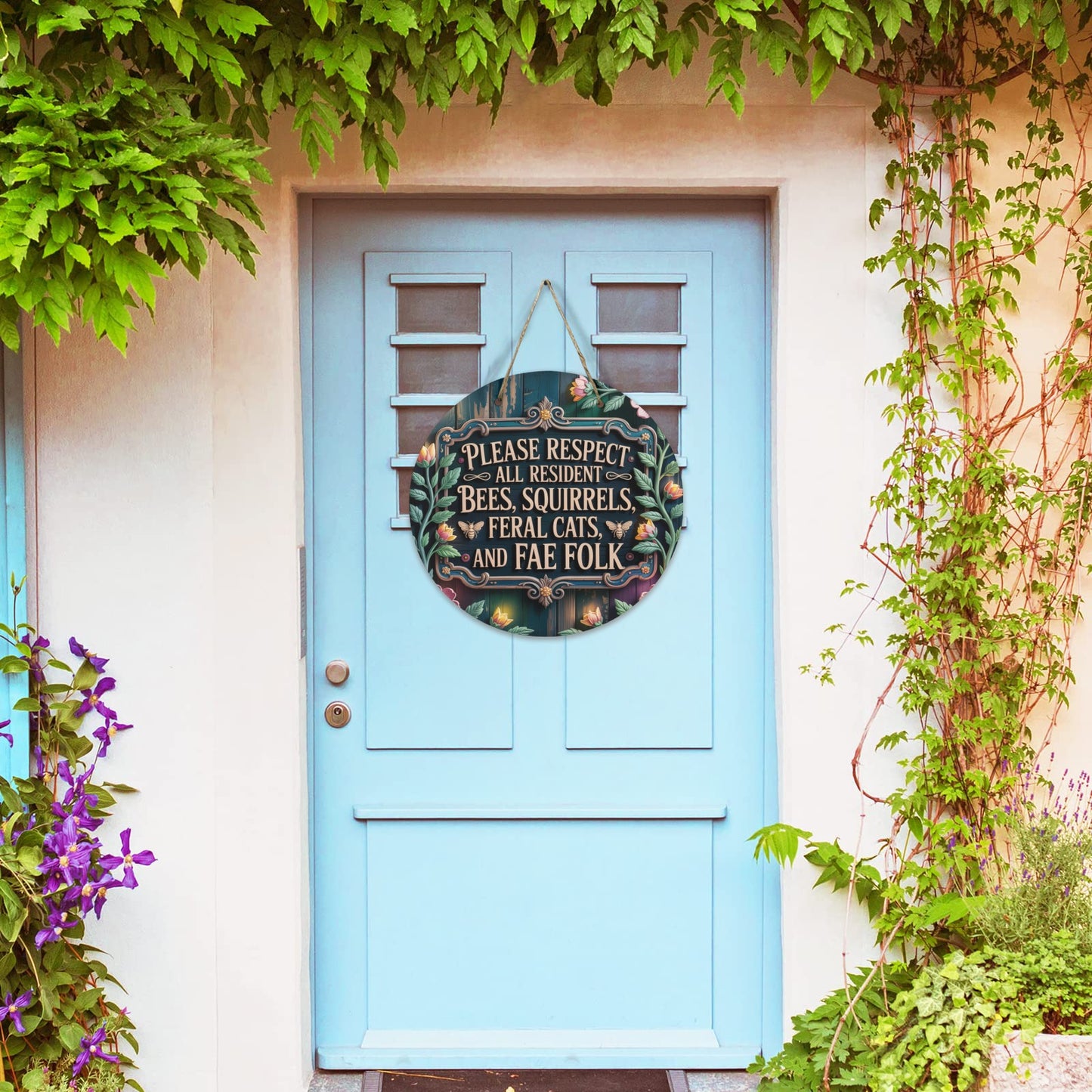Please Respect All Residents Wooden Sign | Whimsical Cottagecore Garden Decor